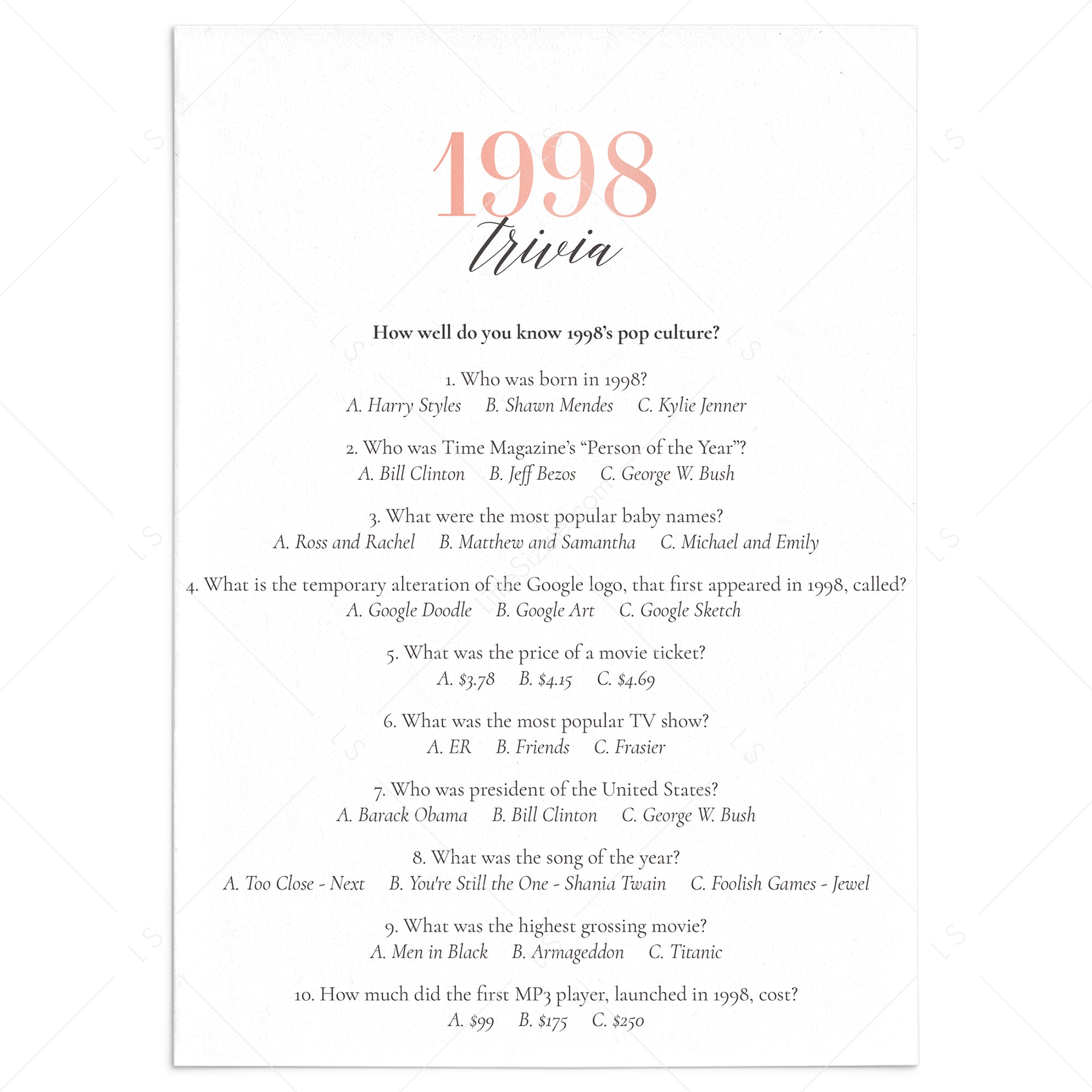 1998 Trivia Questions and Answers Printable by LittleSizzle