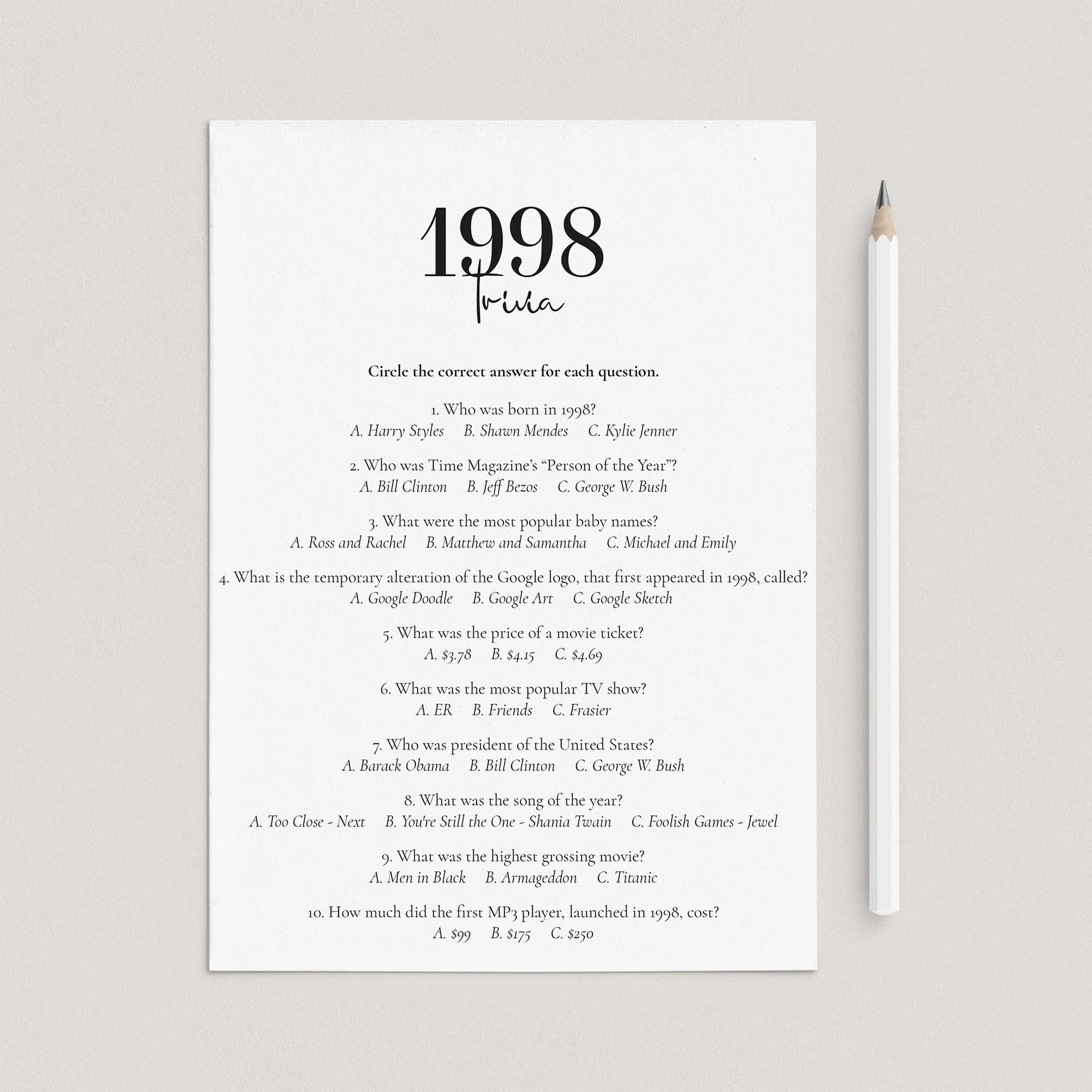 1998 Trivia Quiz with Answers Digital Download by LittleSizzle