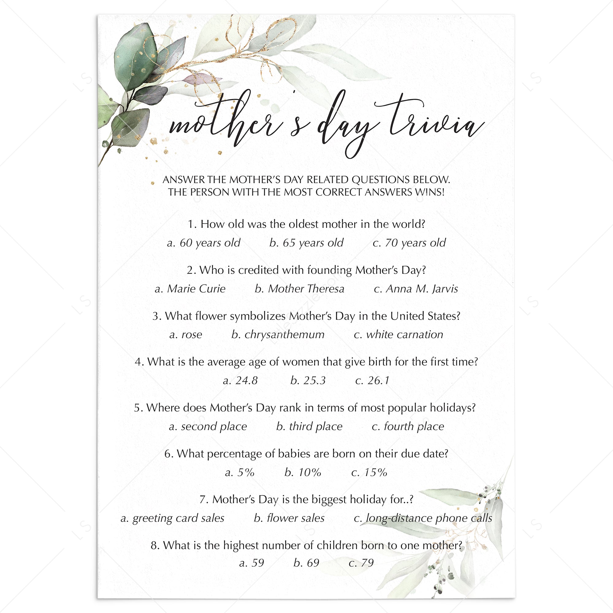 Mother's Day Trivia with Answer Key Printable by LittleSizzle