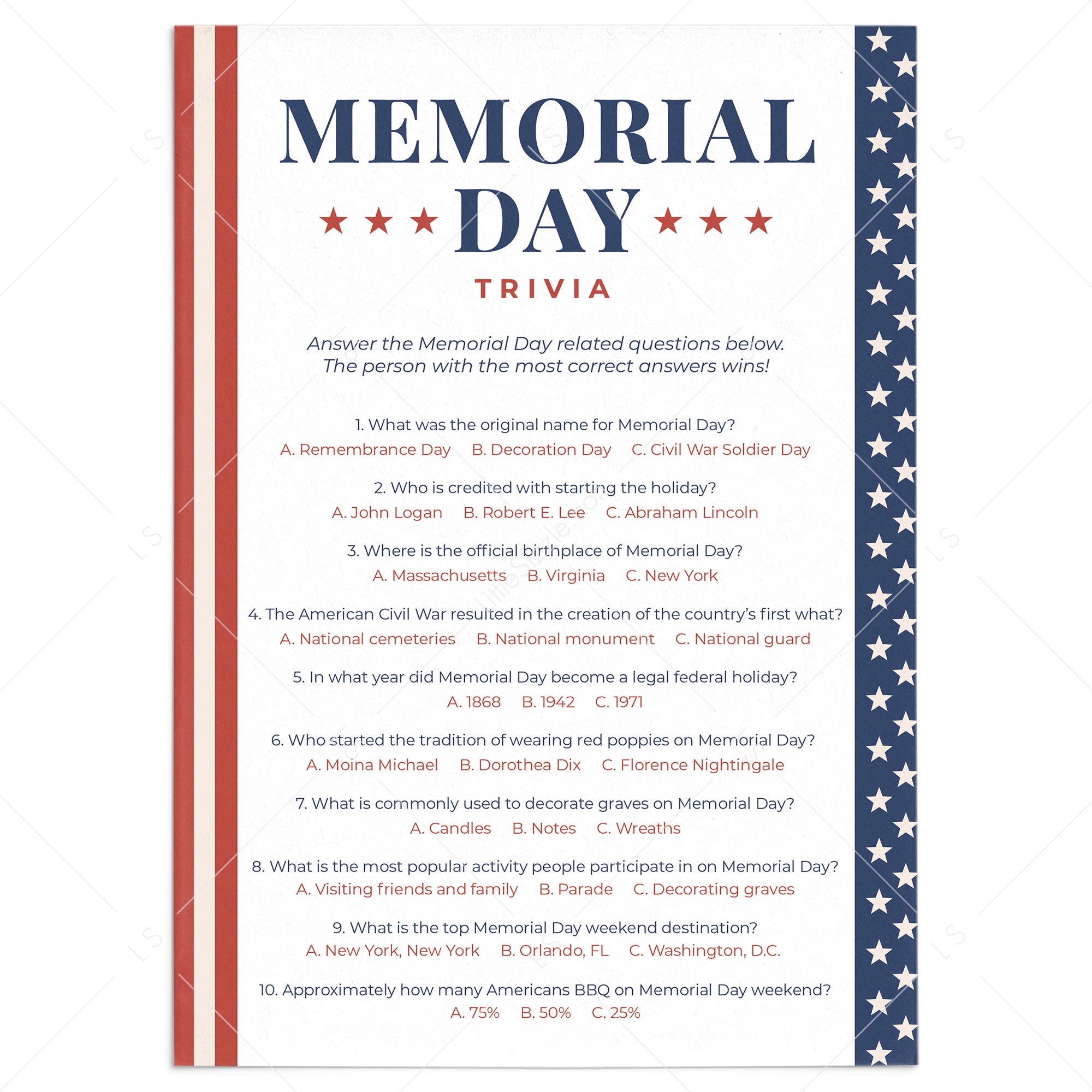 Memorial Day Trivia Questions with Answers Printable by LittleSizzle