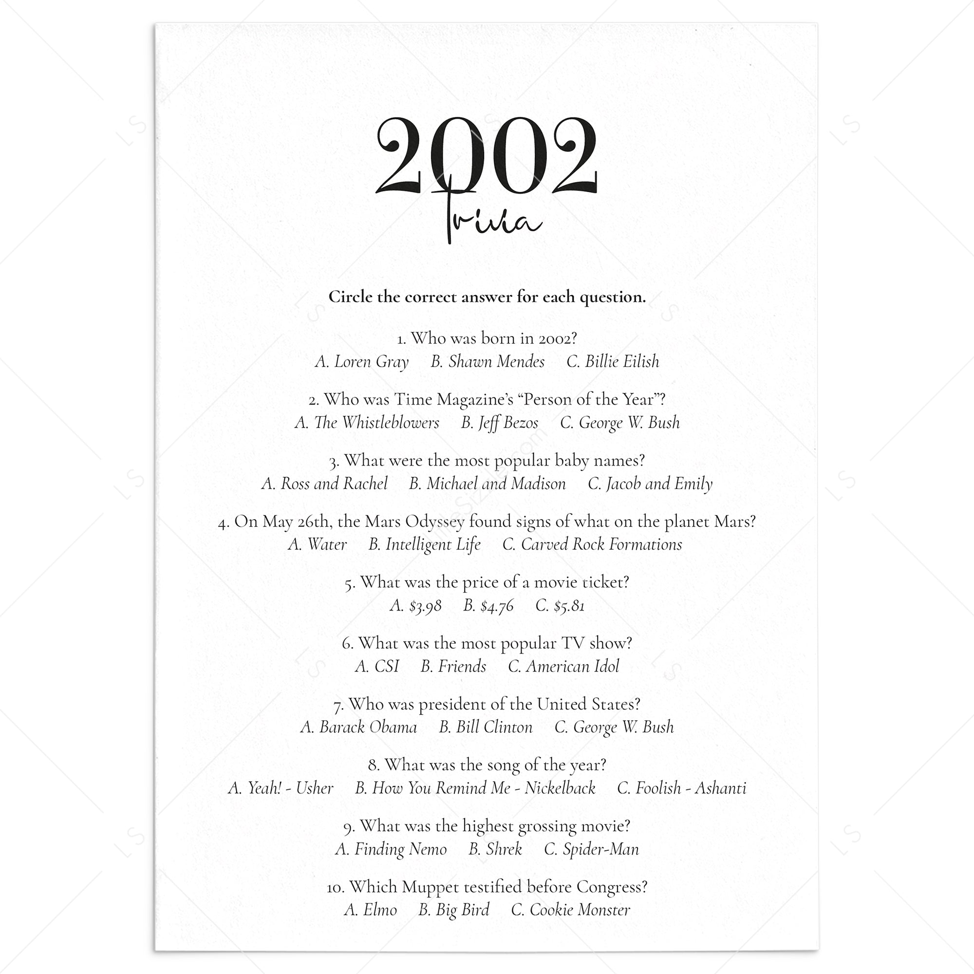 2002 Trivia Quiz with Answer Key Instant Download by LittleSizzle