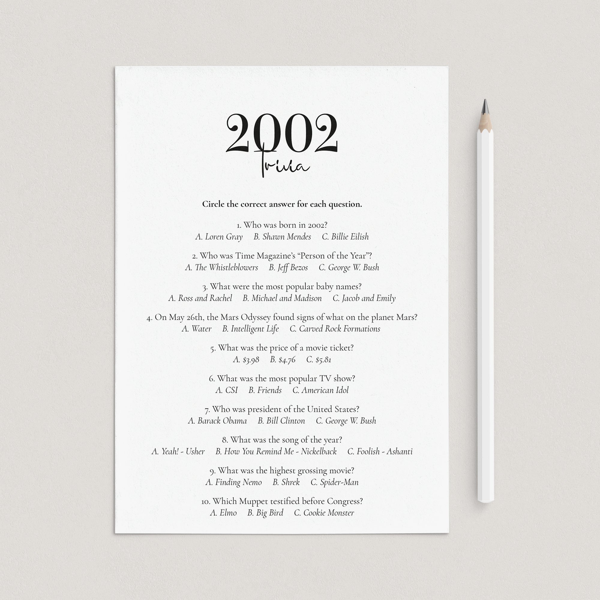 2002 Trivia Quiz with Answer Key Instant Download by LittleSizzle