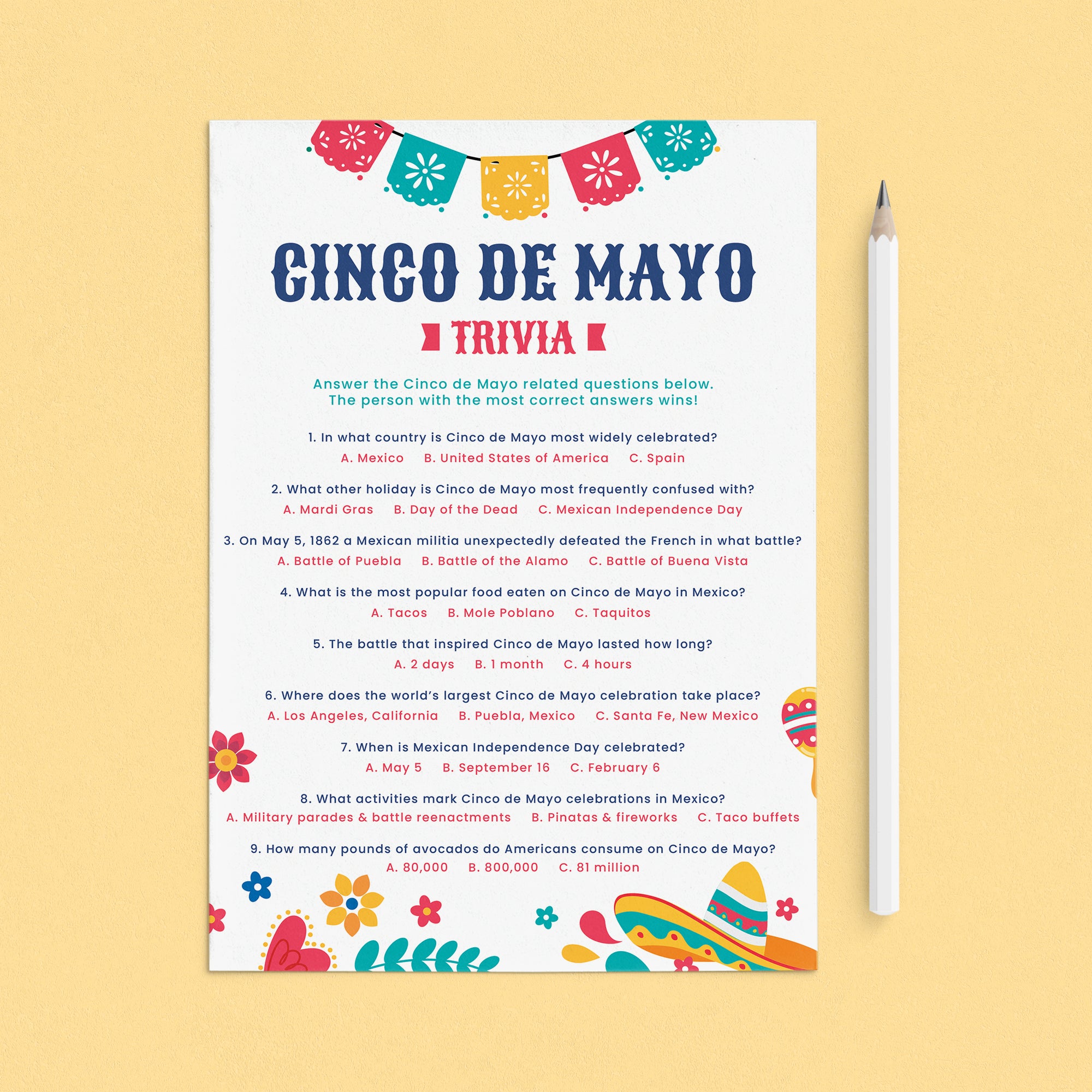 Cinco de Mayo Trivia with Answers Printable by LittleSizzle