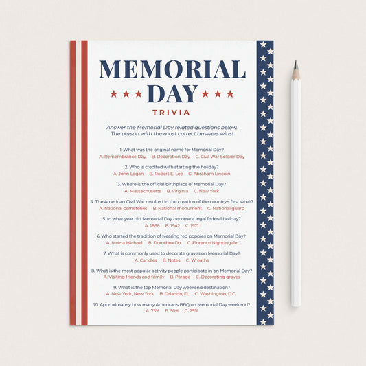 Memorial Day Trivia Questions with Answers Printable by LittleSizzle