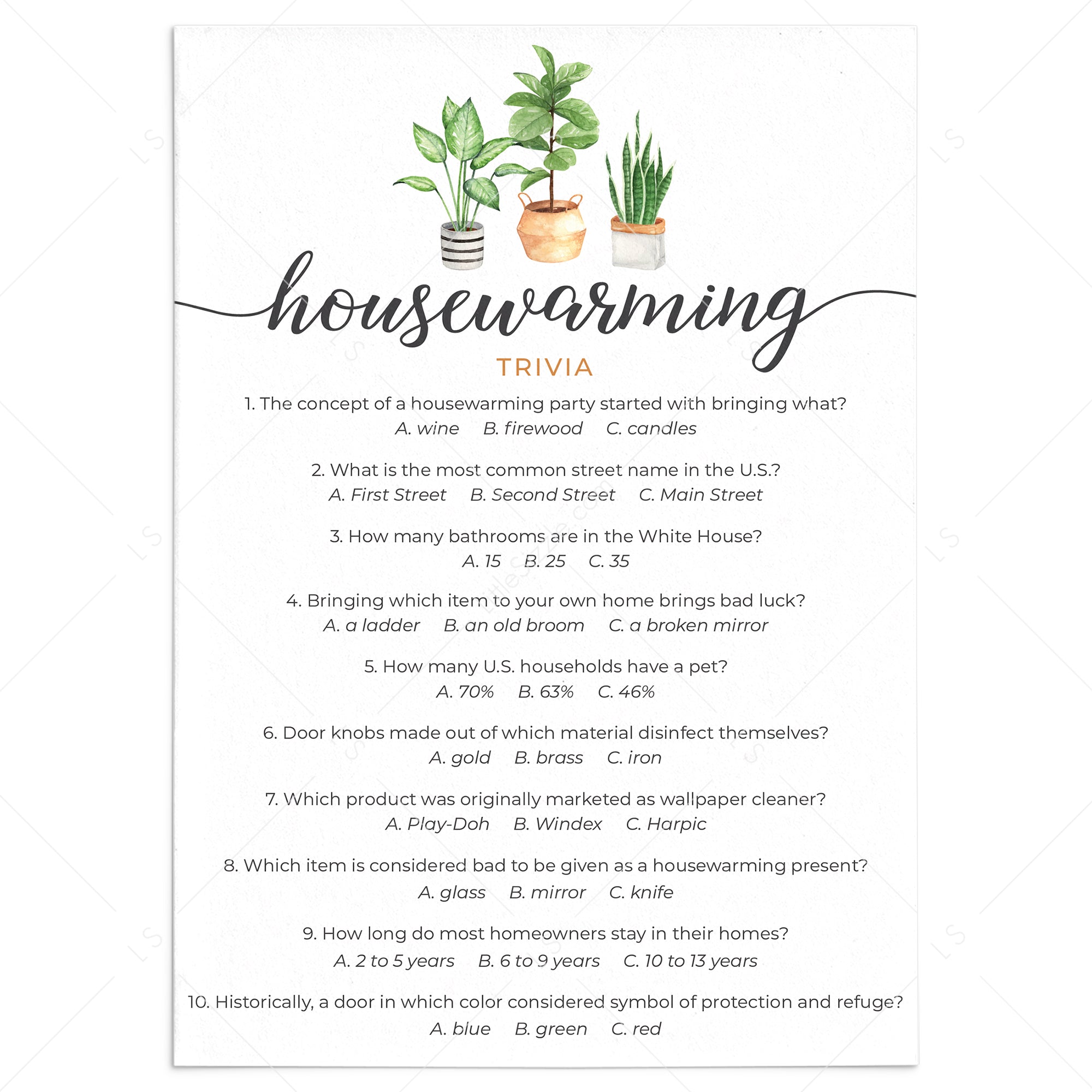 Housewarming Trivia with Answer Key Printable by LittleSizzle