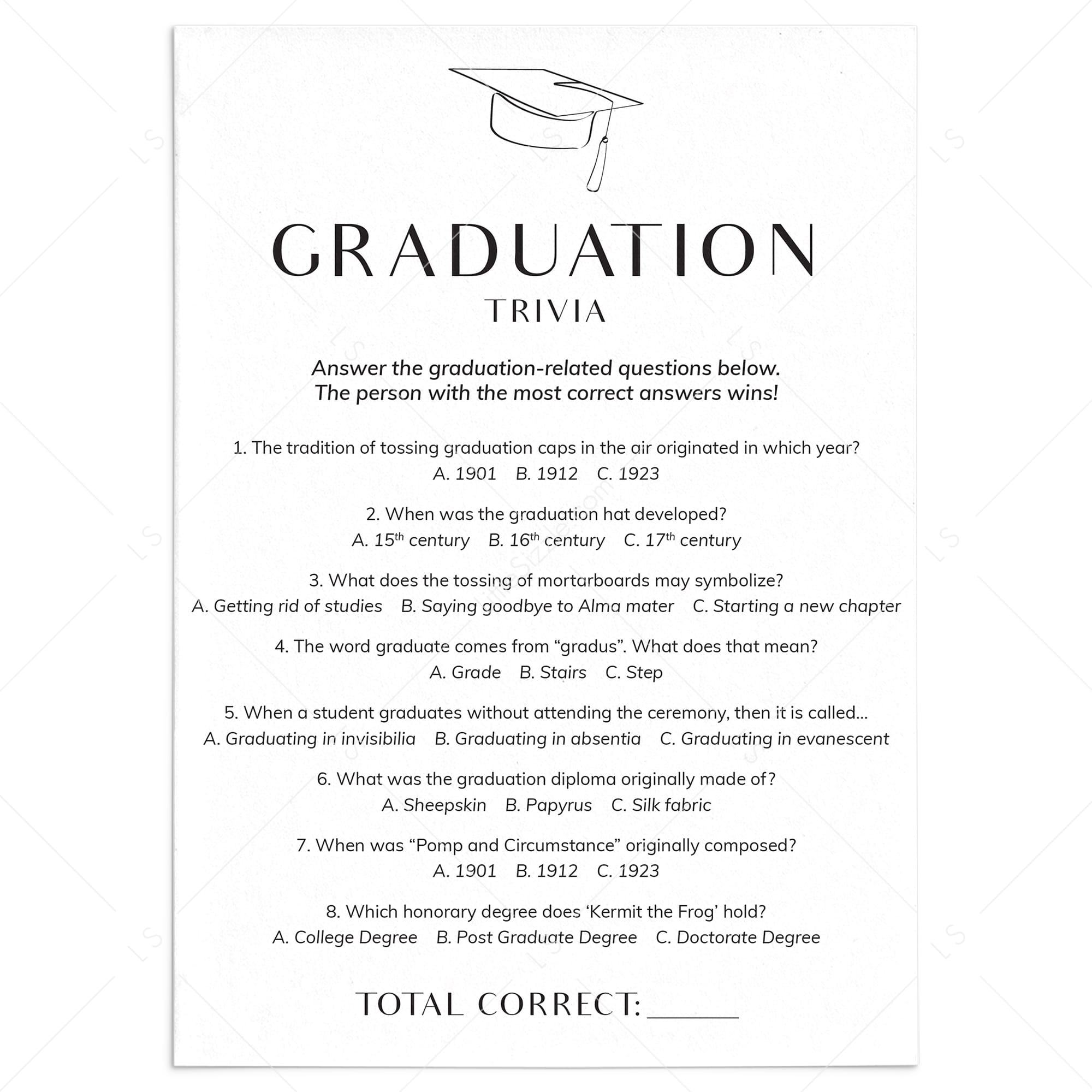 Graduation Trivia Quiz with Answer Key Printable by LittleSizzle