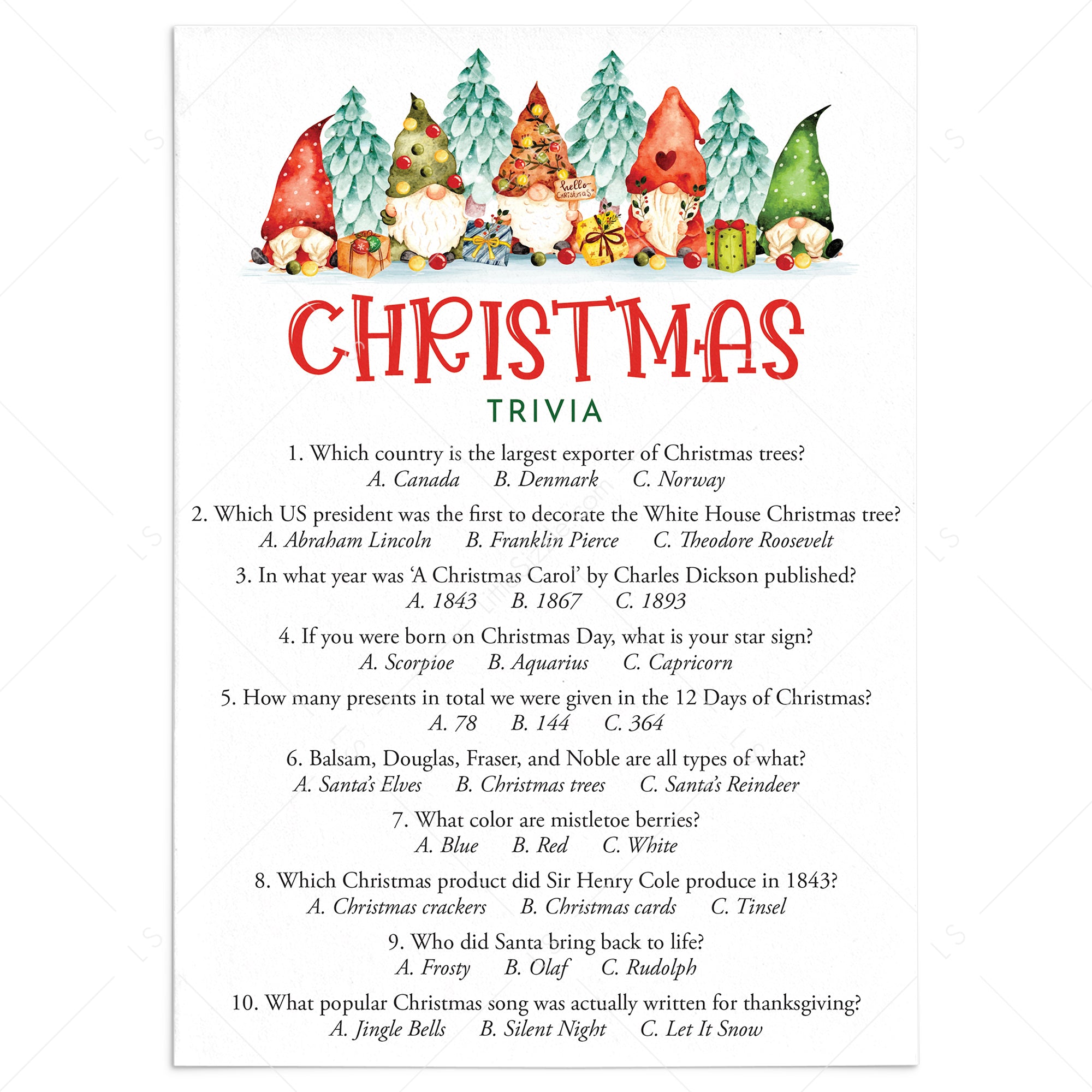 Christmas Trivia Quiz for Kids and Adults Printable Answers Included