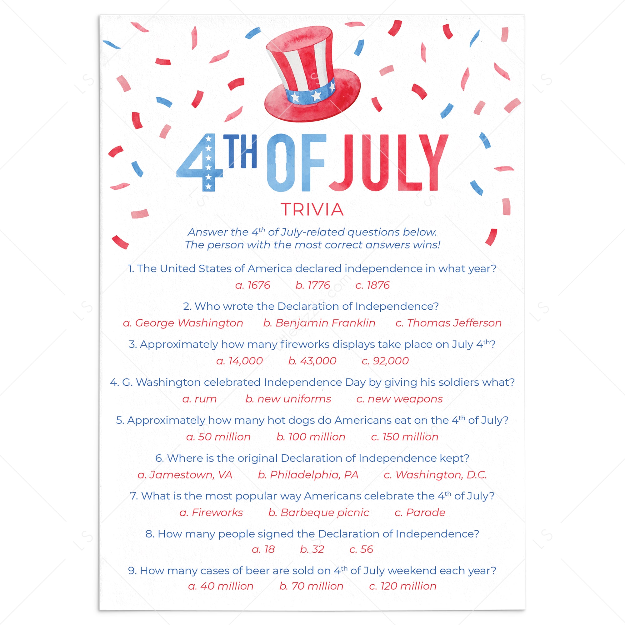 4th of July Trivia with Answer Key Printable by LittleSizzle