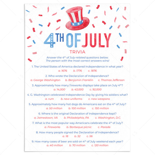 4th of July Trivia with Answer Key Printable by LittleSizzle