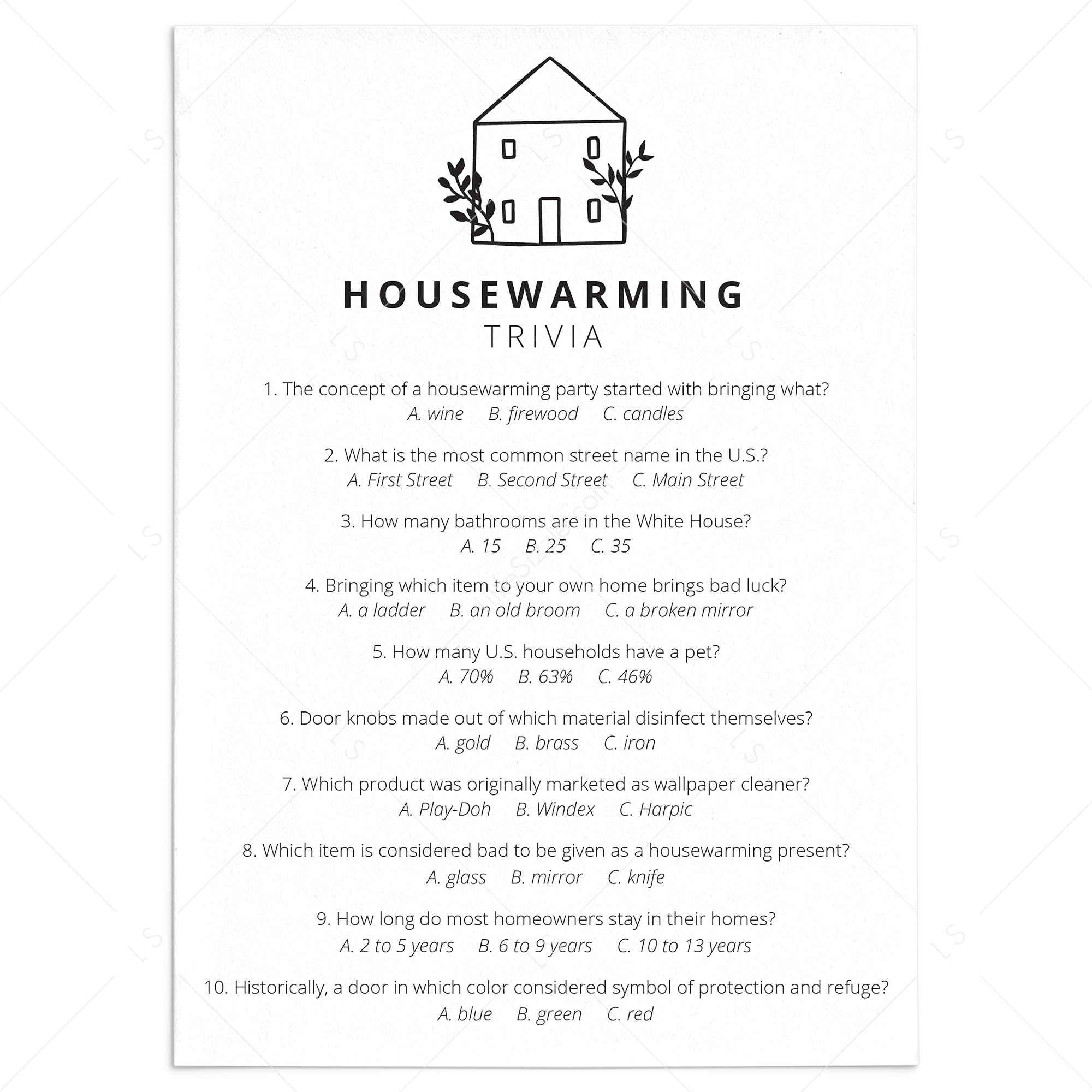 Housewarming Party Trivia Quiz with Answers Printable by LittleSizzle