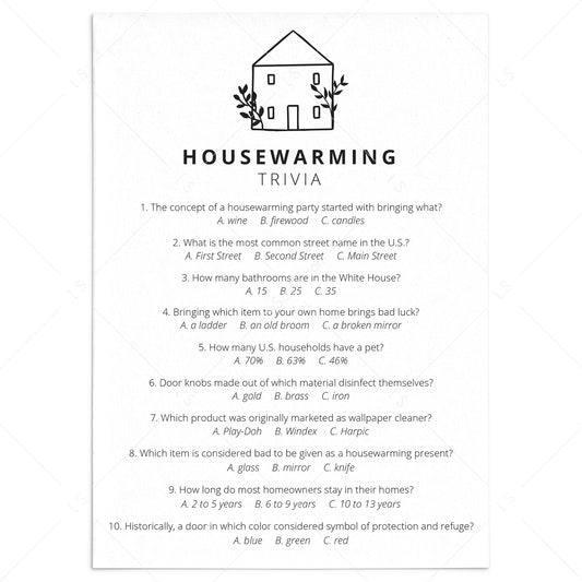 Housewarming Party Trivia Quiz with Answers Printable by LittleSizzle
