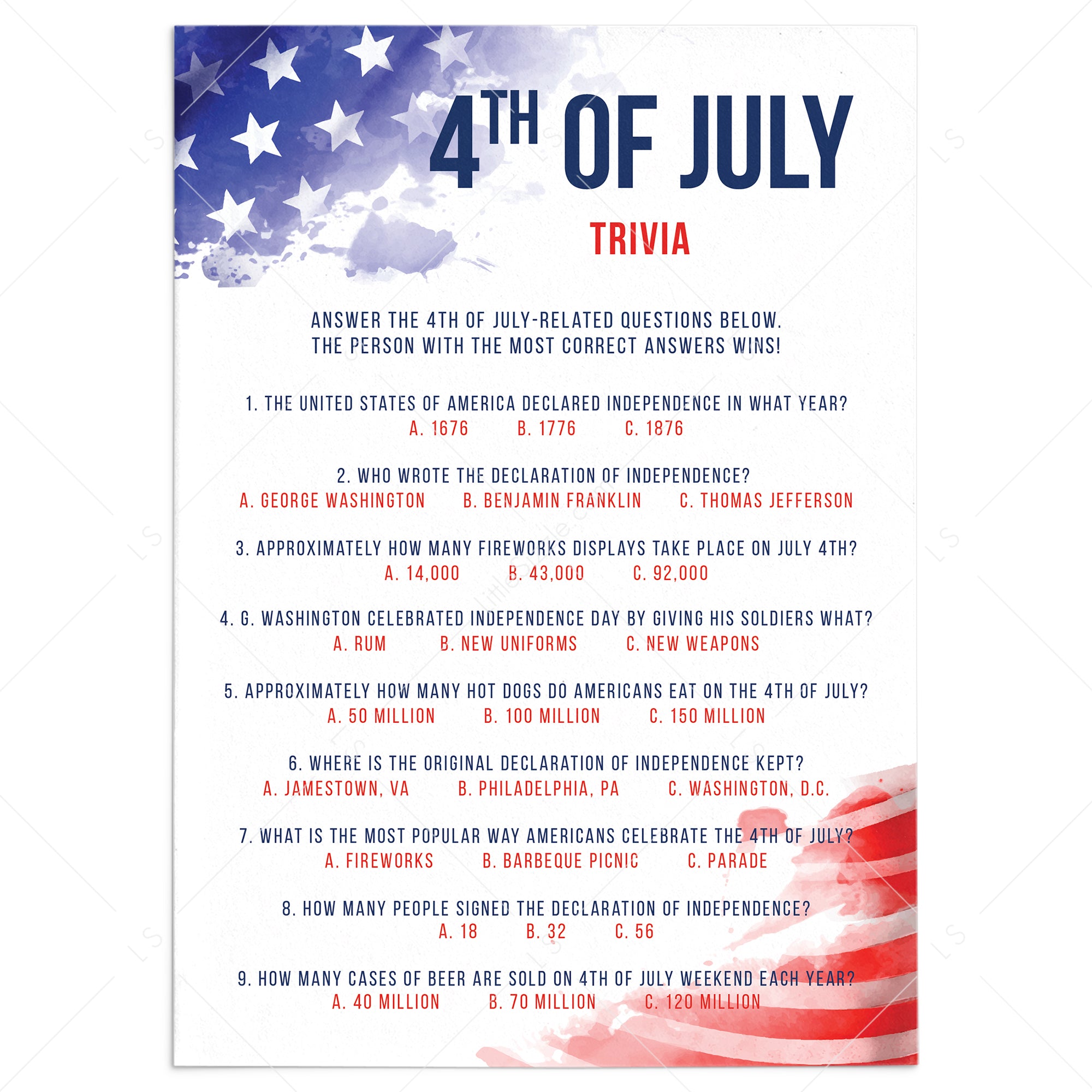 Printable 4th of July Trivia Quiz with Answers | Instant Download – LittleSizzle printable-4th-of-july-trivia-quiz-with-answers-instant-download-littlesizzle