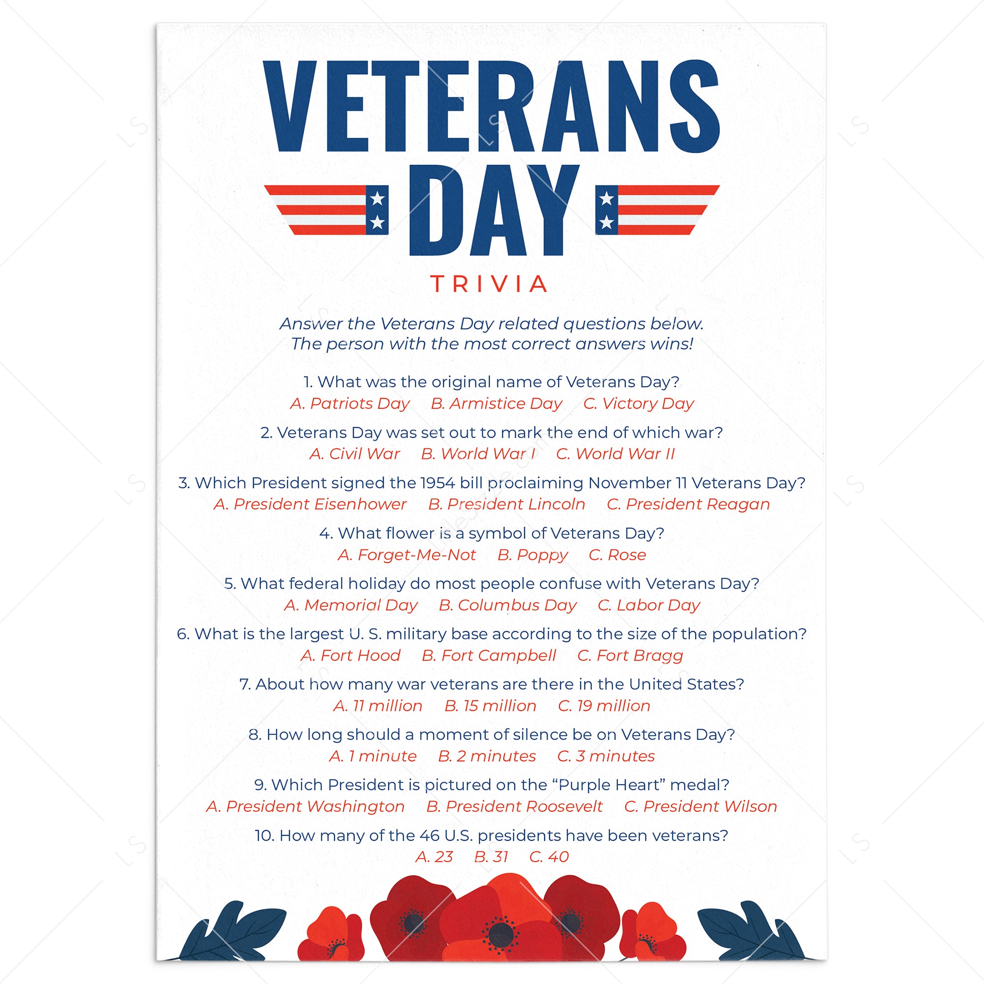 Veterans Day Trivia Quiz with Answers Printable by LittleSizzle