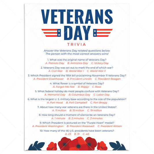 Veterans Day Trivia Quiz with Answers Printable by LittleSizzle