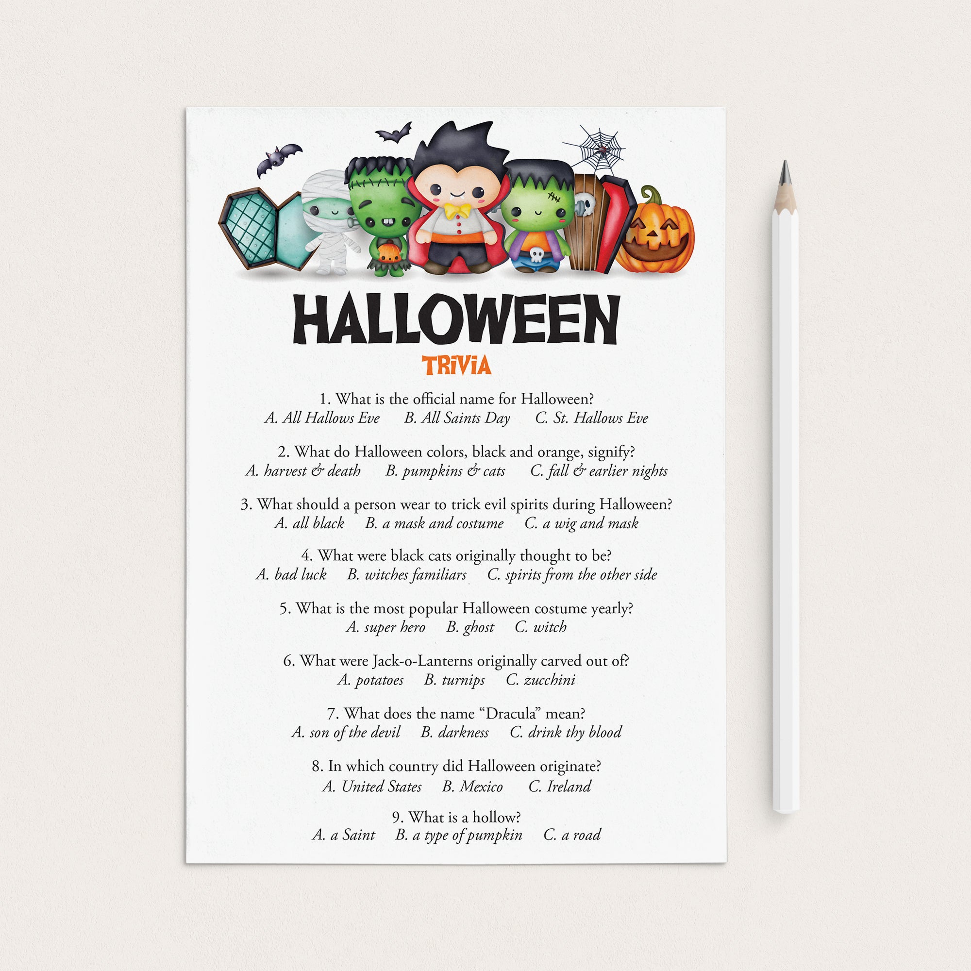 Kids Halloween Trivia Game with Answer Key Printable by LittleSizzle
