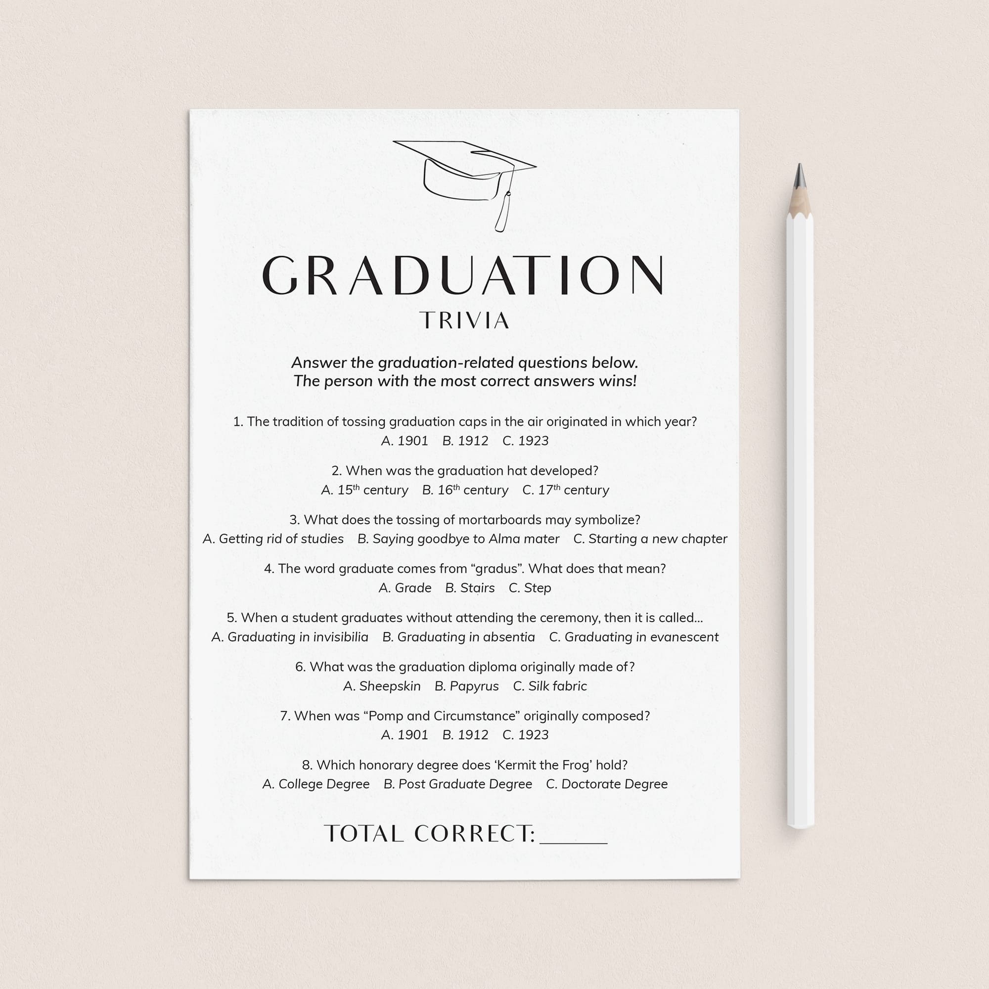 Graduation Trivia Quiz with Answer Key Printable by LittleSizzle