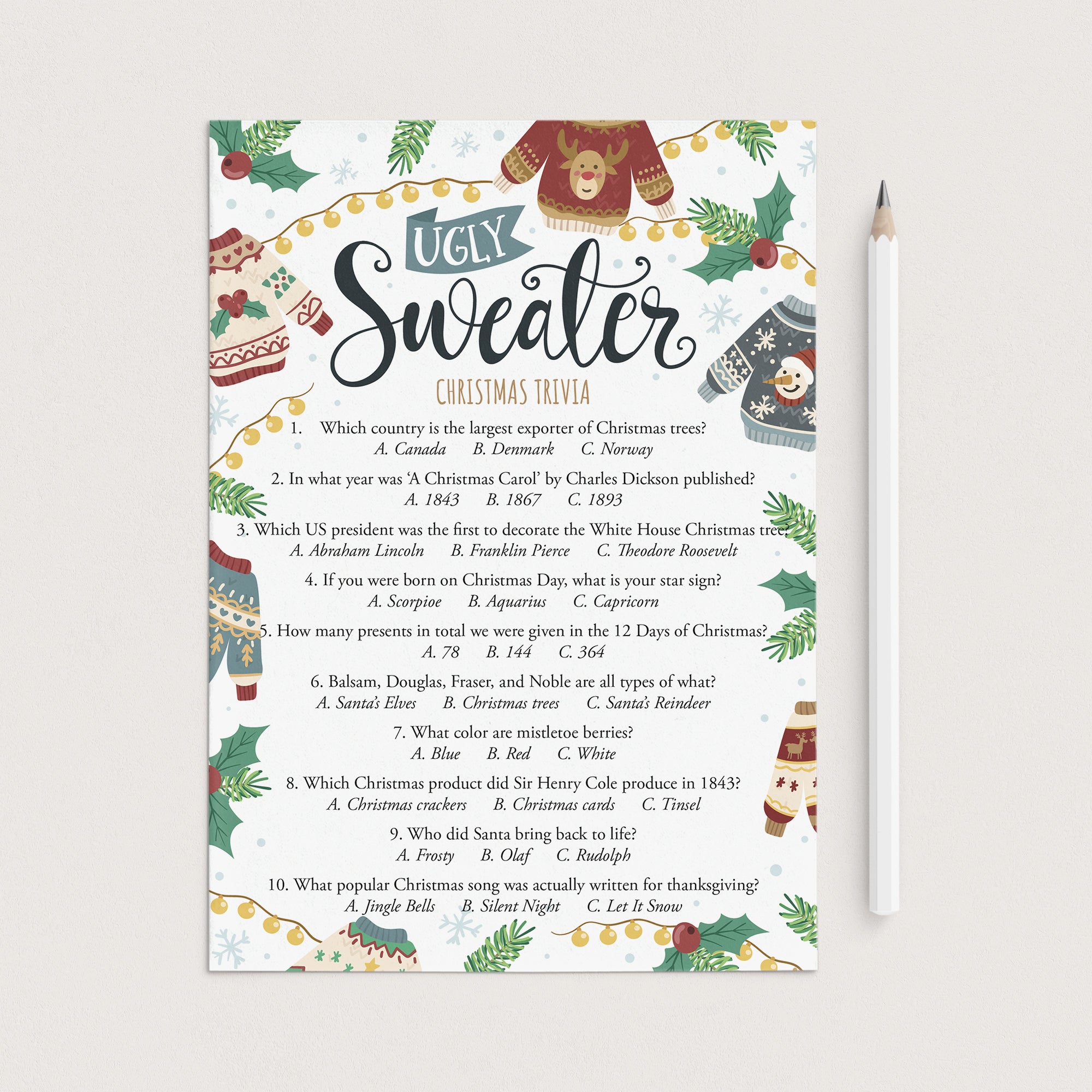 Ugly Sweater Party Trivia Game with Answers by LittleSizzle