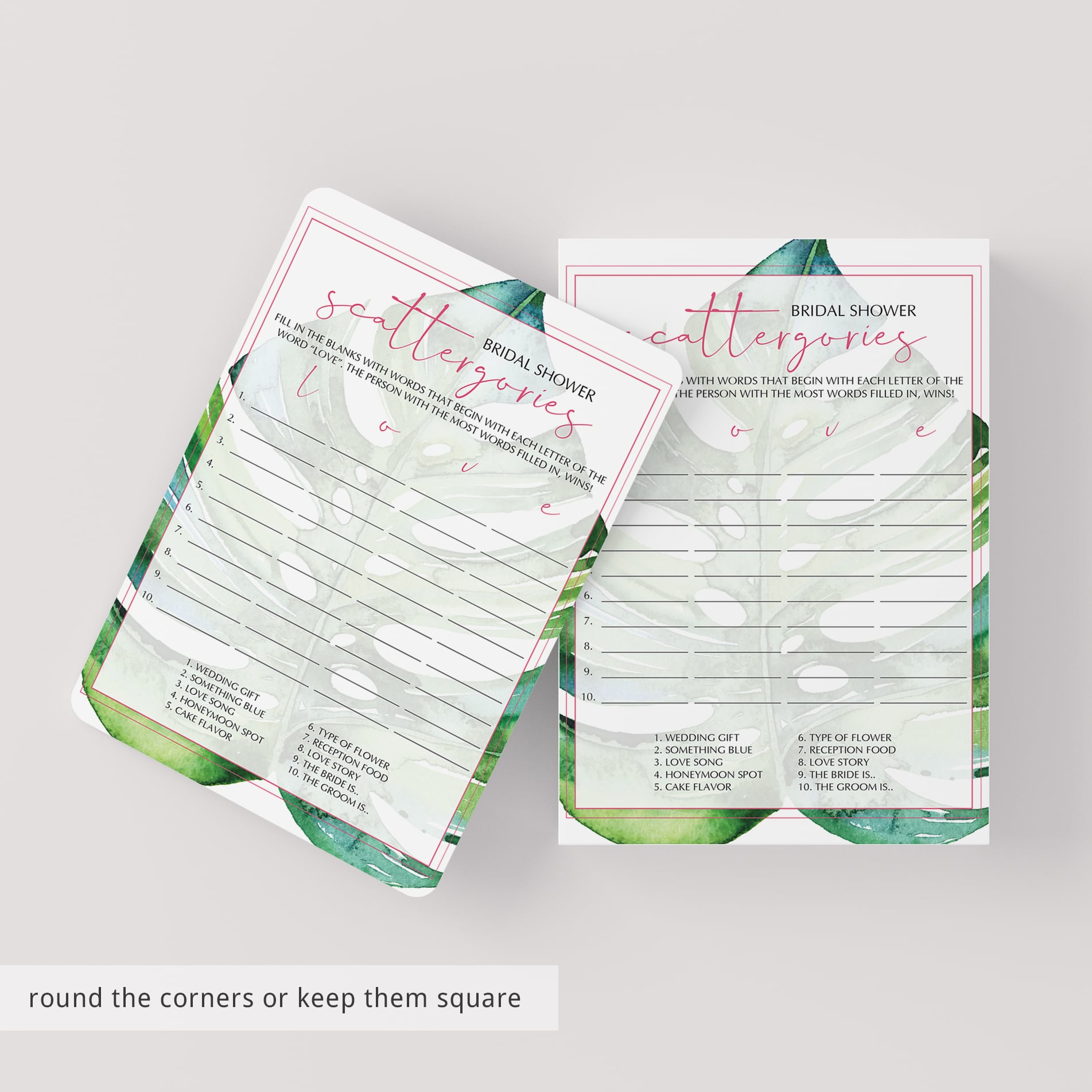 tropical bridalshower scattergories game instant download