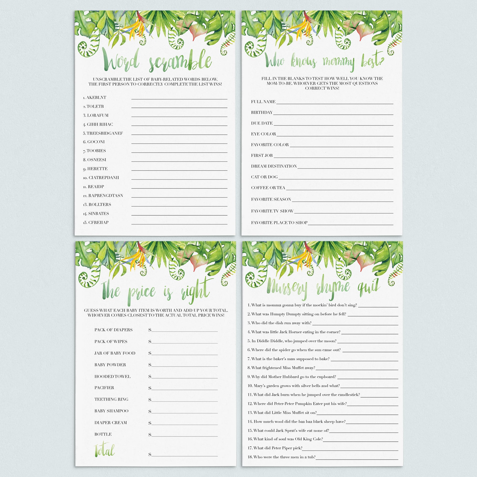 Instant download baby shower party games PDF by LittleSizzle