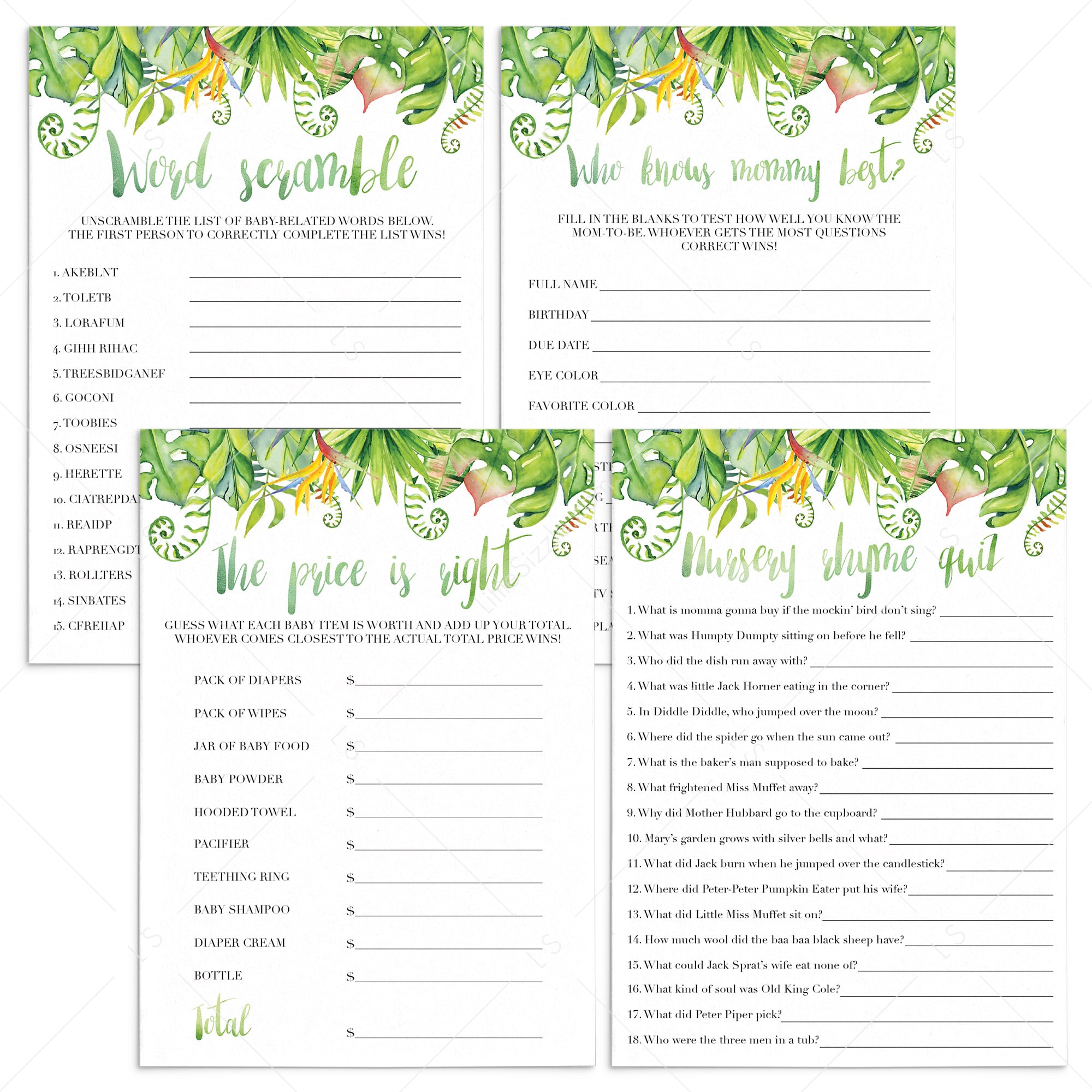 Green tropical theme baby shower game printables by LittleSizzle