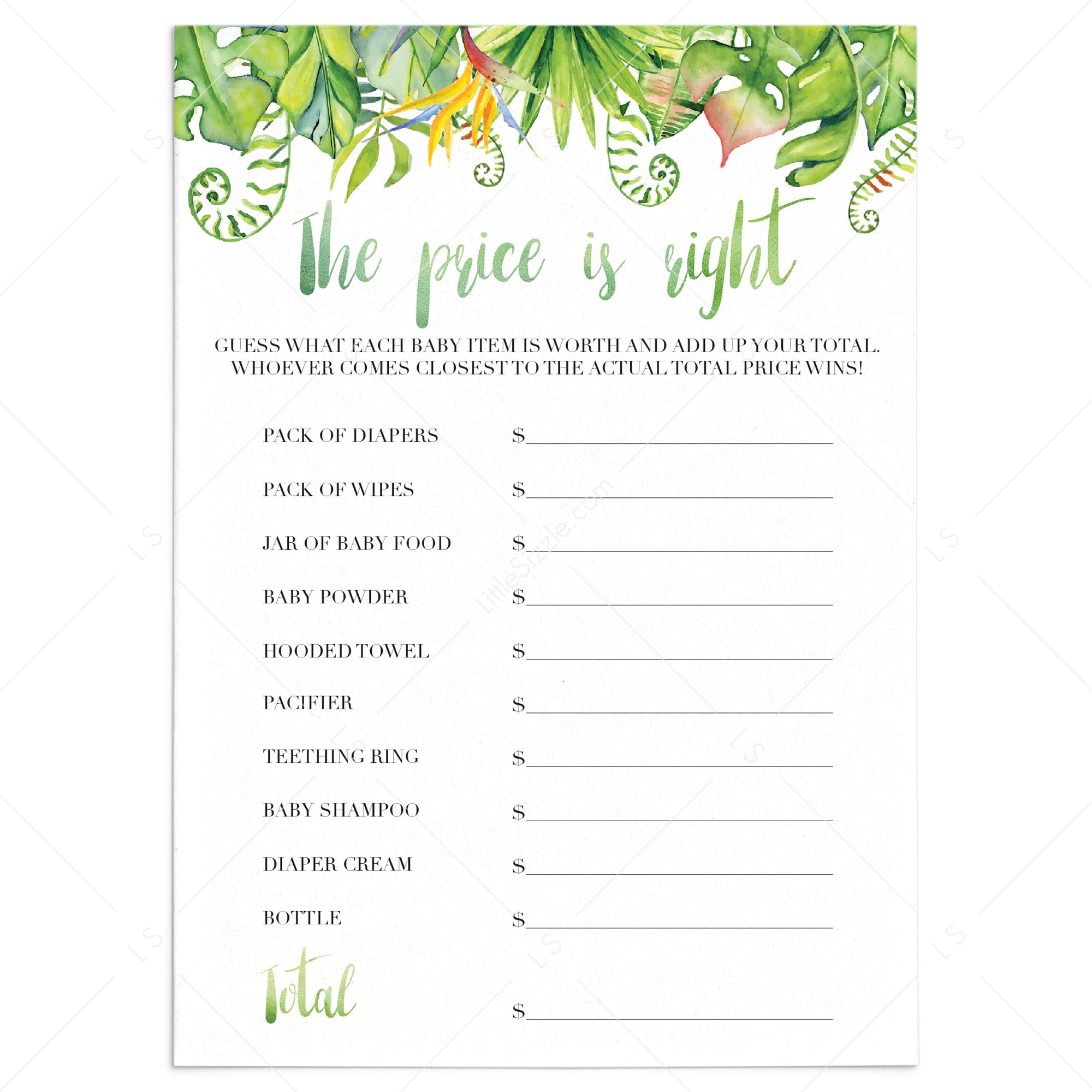 Greenery leaves baby party game the price is right printable by LittleSizzle