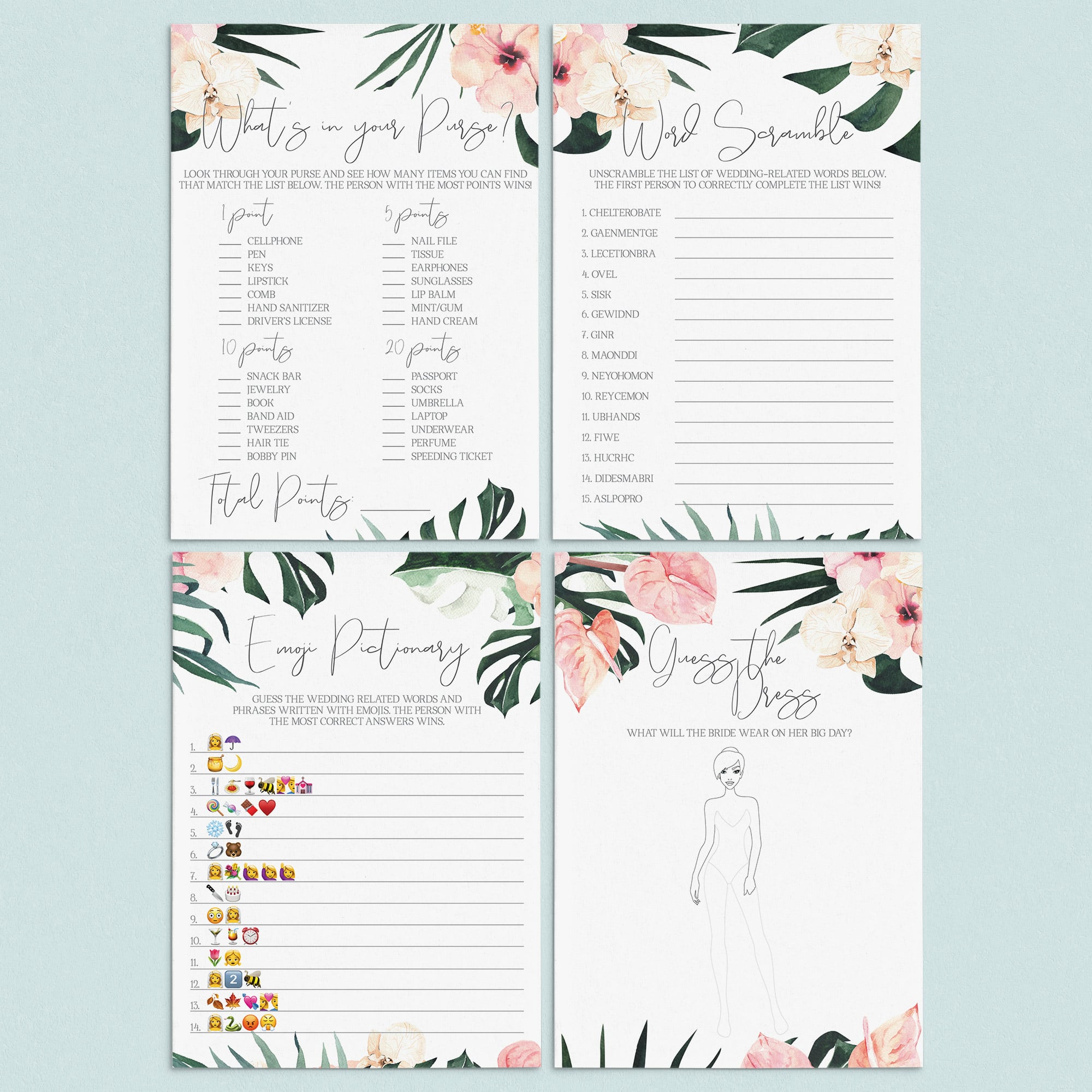 4 Tropical Bridal Shower Games Instant Download by LittleSizzle