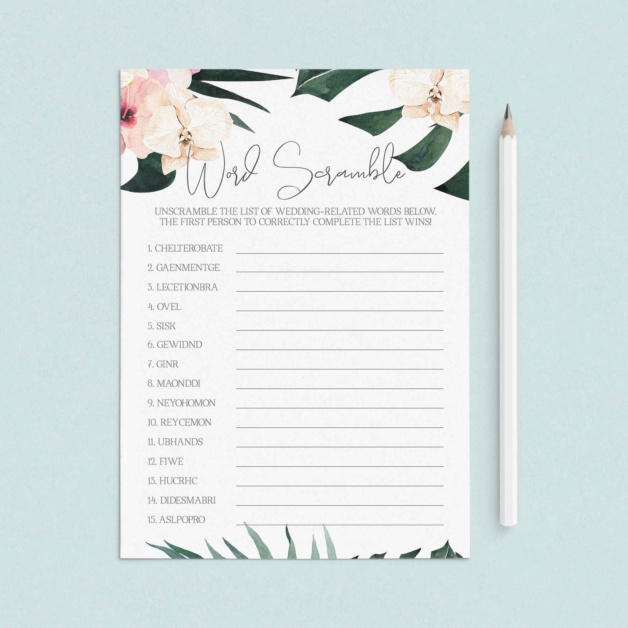 Bridal Shower Word Scramble Game Botanical Theme by LittleSizzle