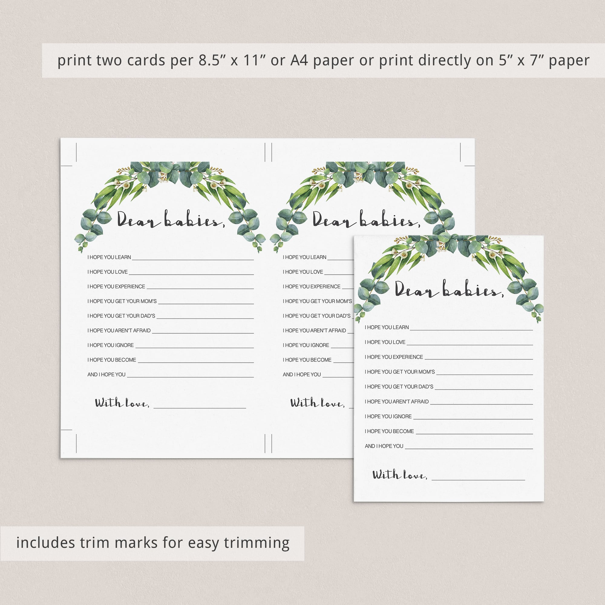 Eucalyptus baby shower game dear babies advice card by LittleSizzle