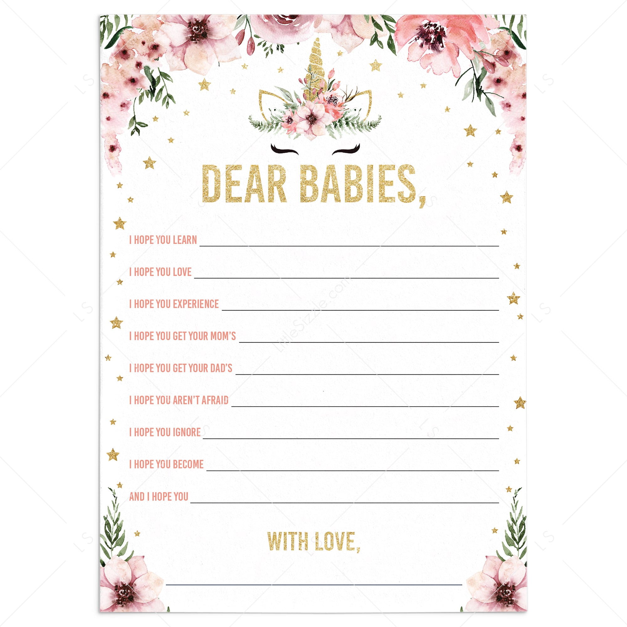 Unicorn dear babies cards printable by LittleSizzle