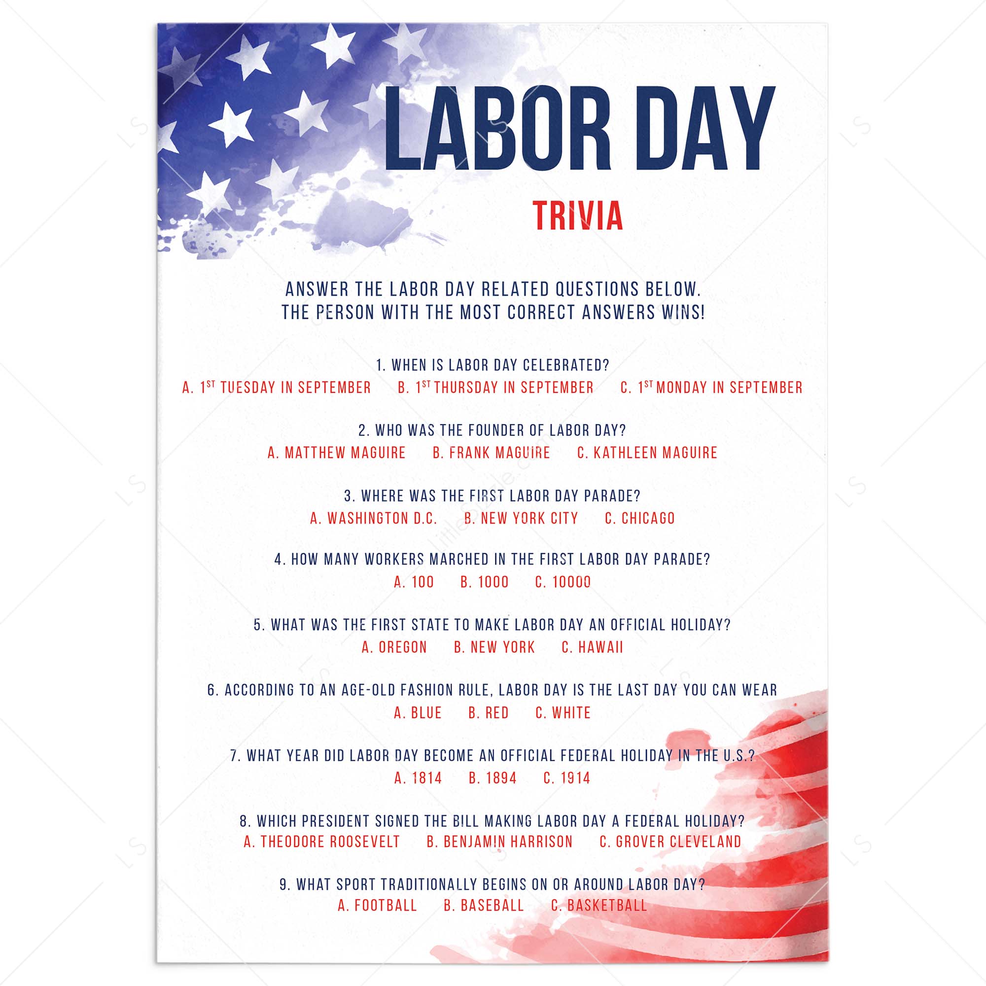 Patriotic Labor Day Party Quiz Printable Instant Download by LittleSizzle