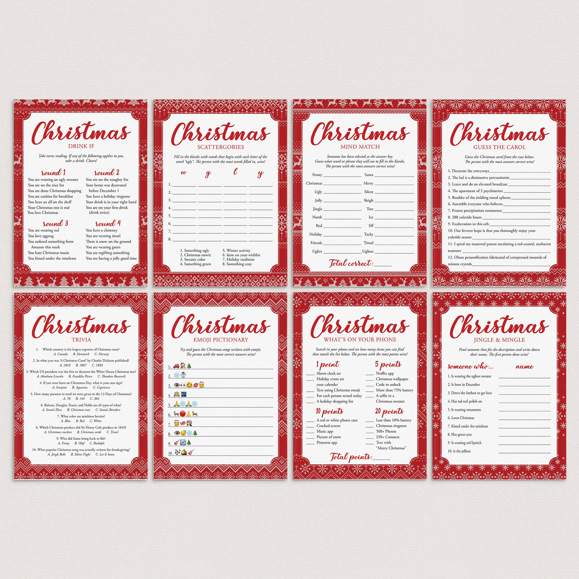 Knitted Christmas Sweater Theme Party Games Bundle by LittleSizzle