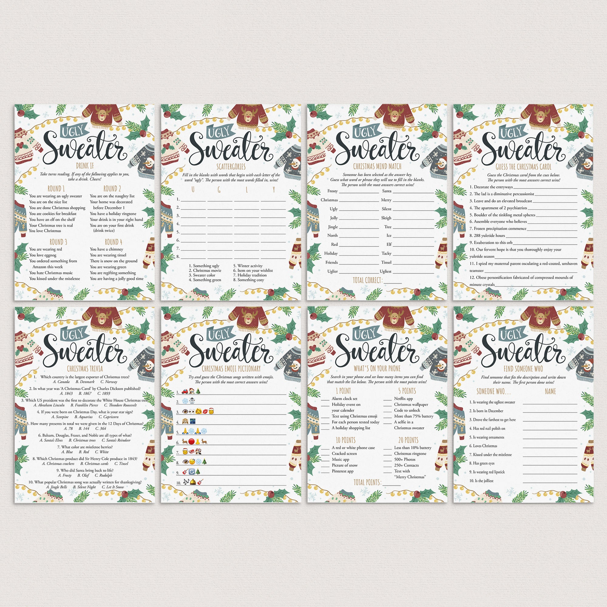 8 Ugly Sweater Christmas Games To Print by LittleSizzle