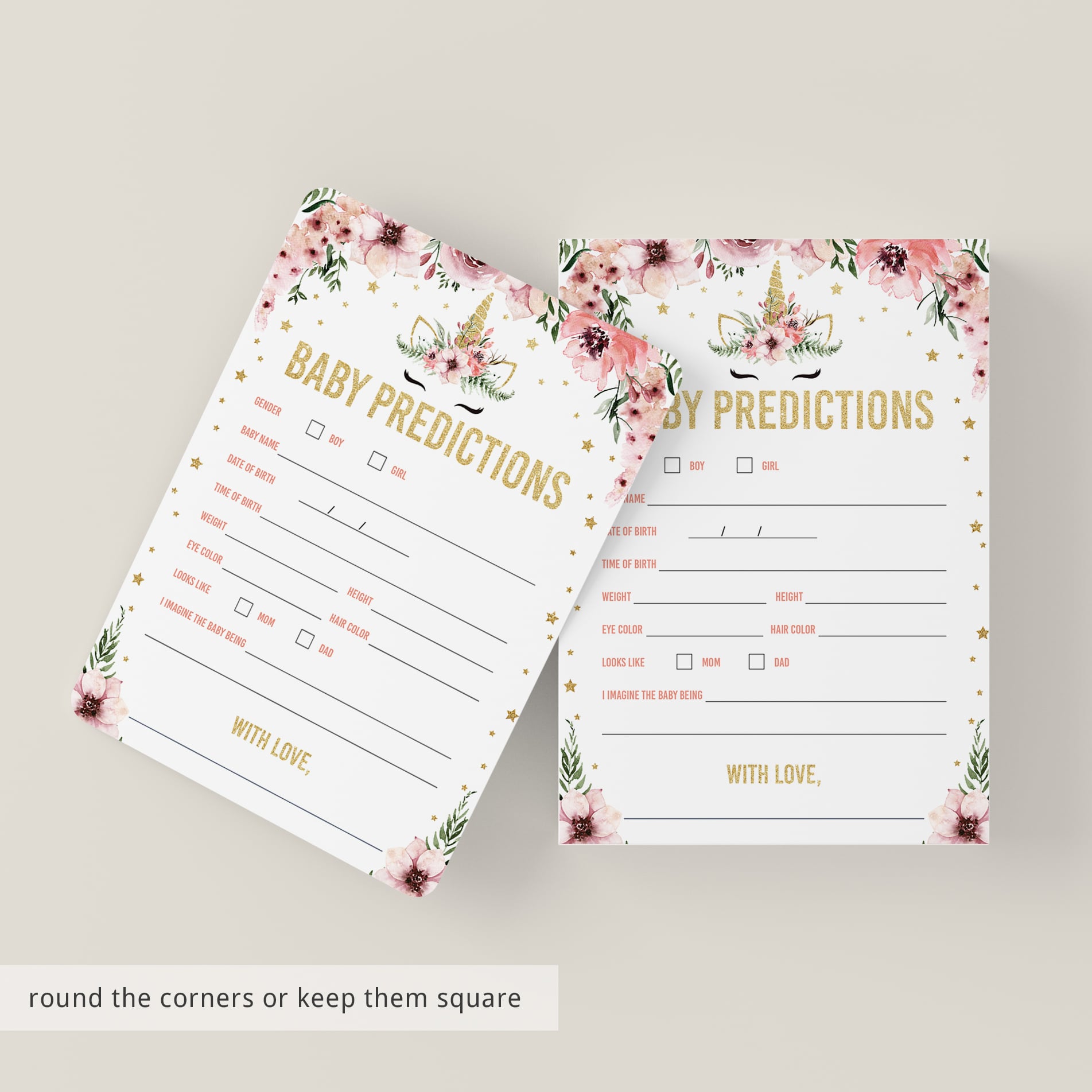 Instant download unicorn baby shower predictions for baby cards by LittleSizzle