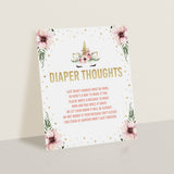 Baby Shower Diaper Thoughts Sign Template Floral Unicorn
