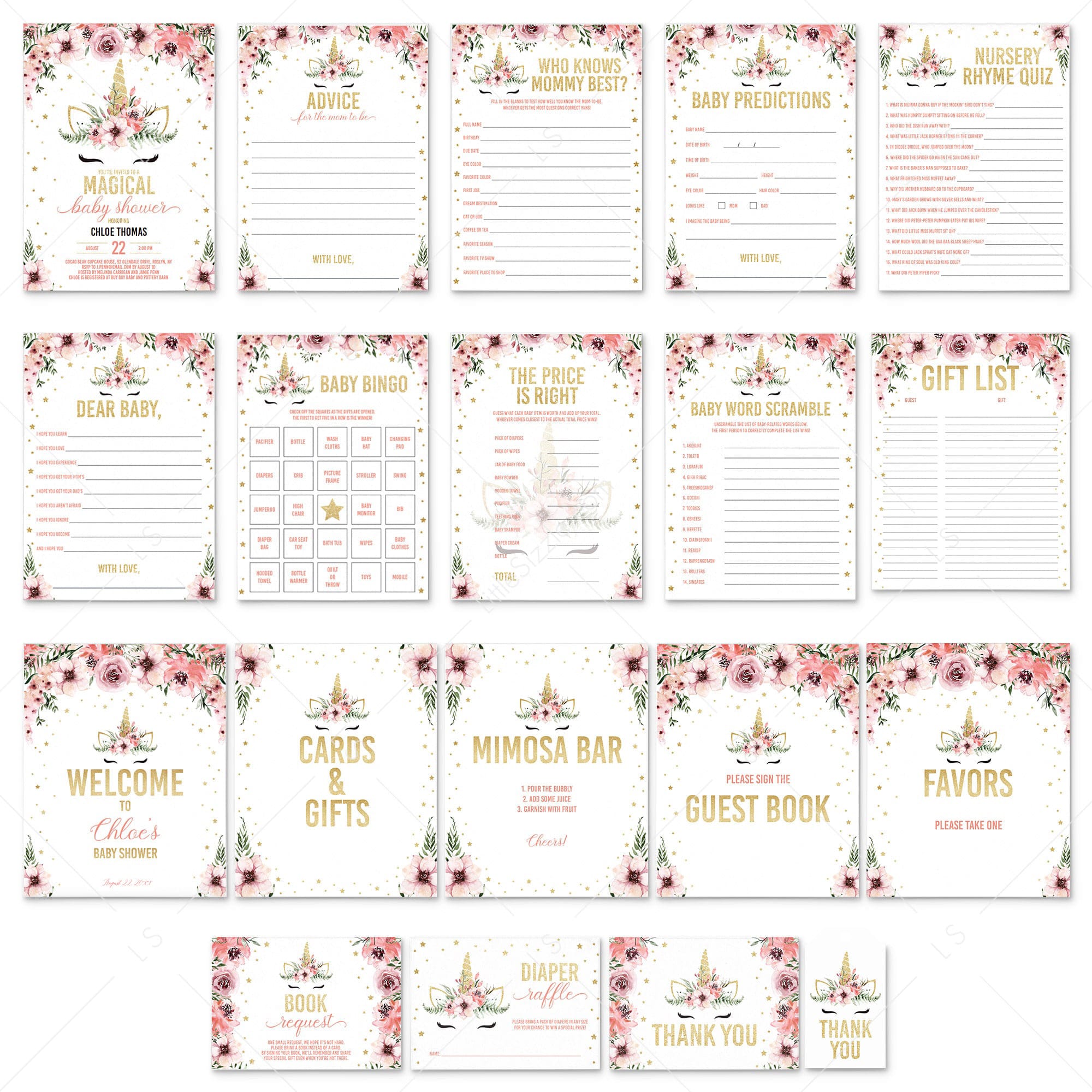 Unicorn Baby Shower Party Package Printable by LittleSizzle