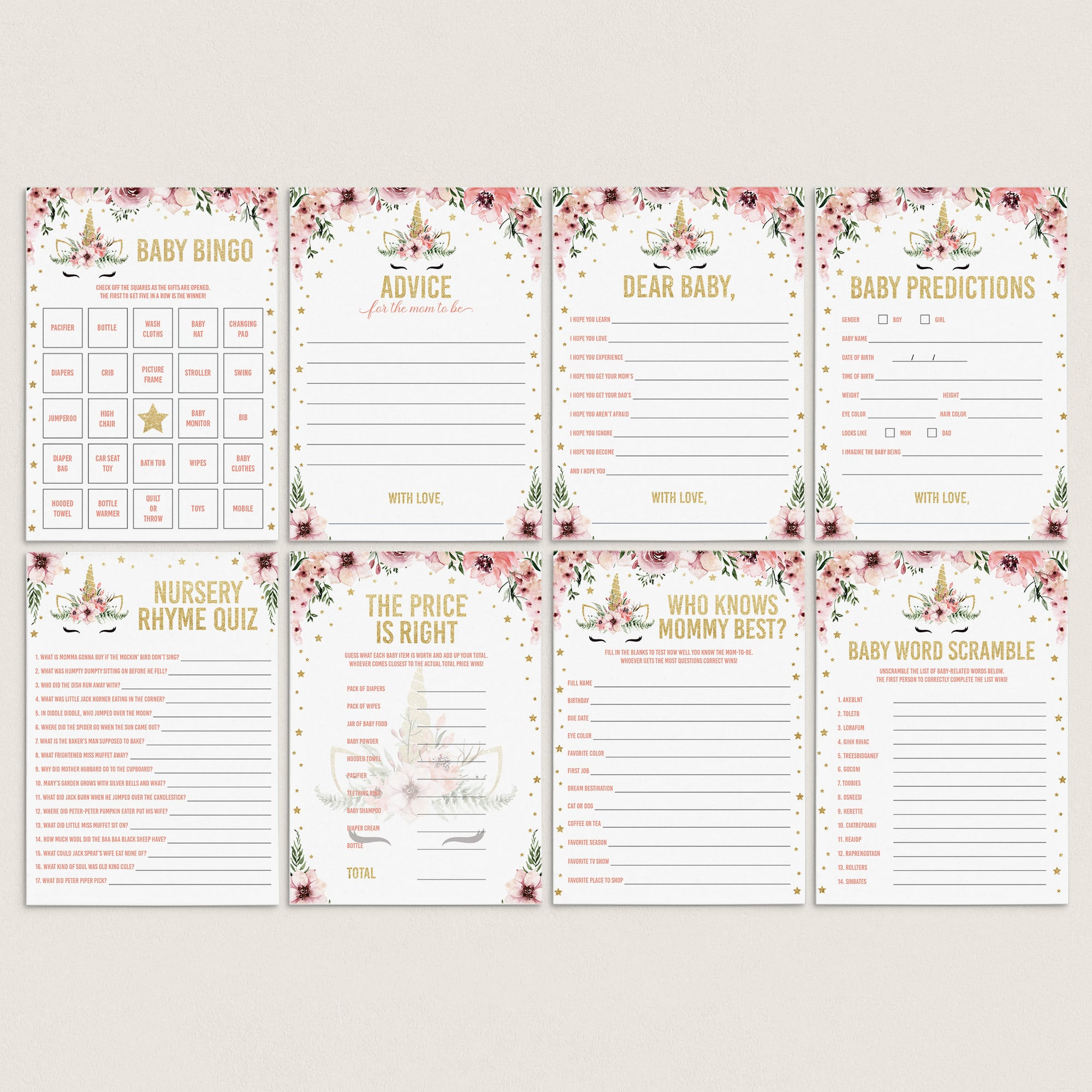 Huge baby shower games package printable unicorn themed by LittleSizzle