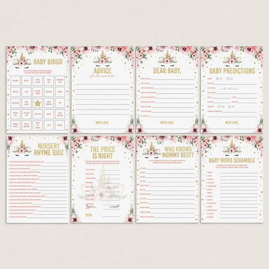 Huge baby shower games package printable unicorn themed by LittleSizzle
