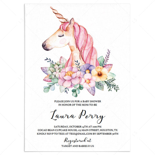 Unicorn baby shower invitation template for girls by LittleSizzle