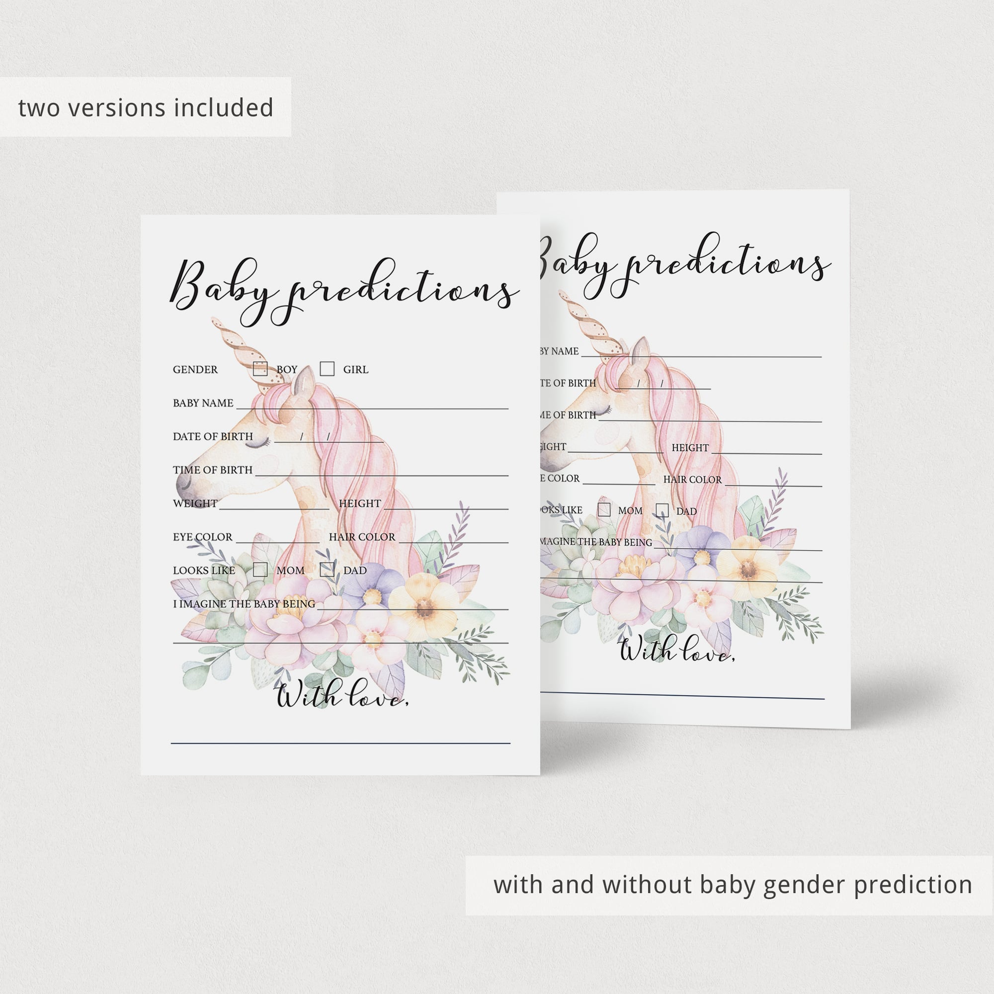 Printable baby predictions for unicorn baby party by LittleSizzle