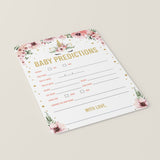 Printable Baby Shower Statistics Game Pink and Gold Unicorn