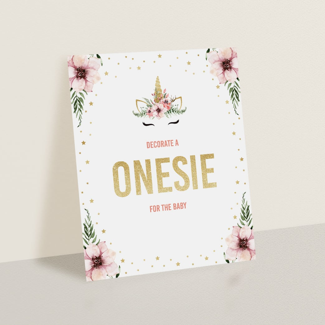 Floral unicorn baby shower games printable onesie sign by LittleSizzle