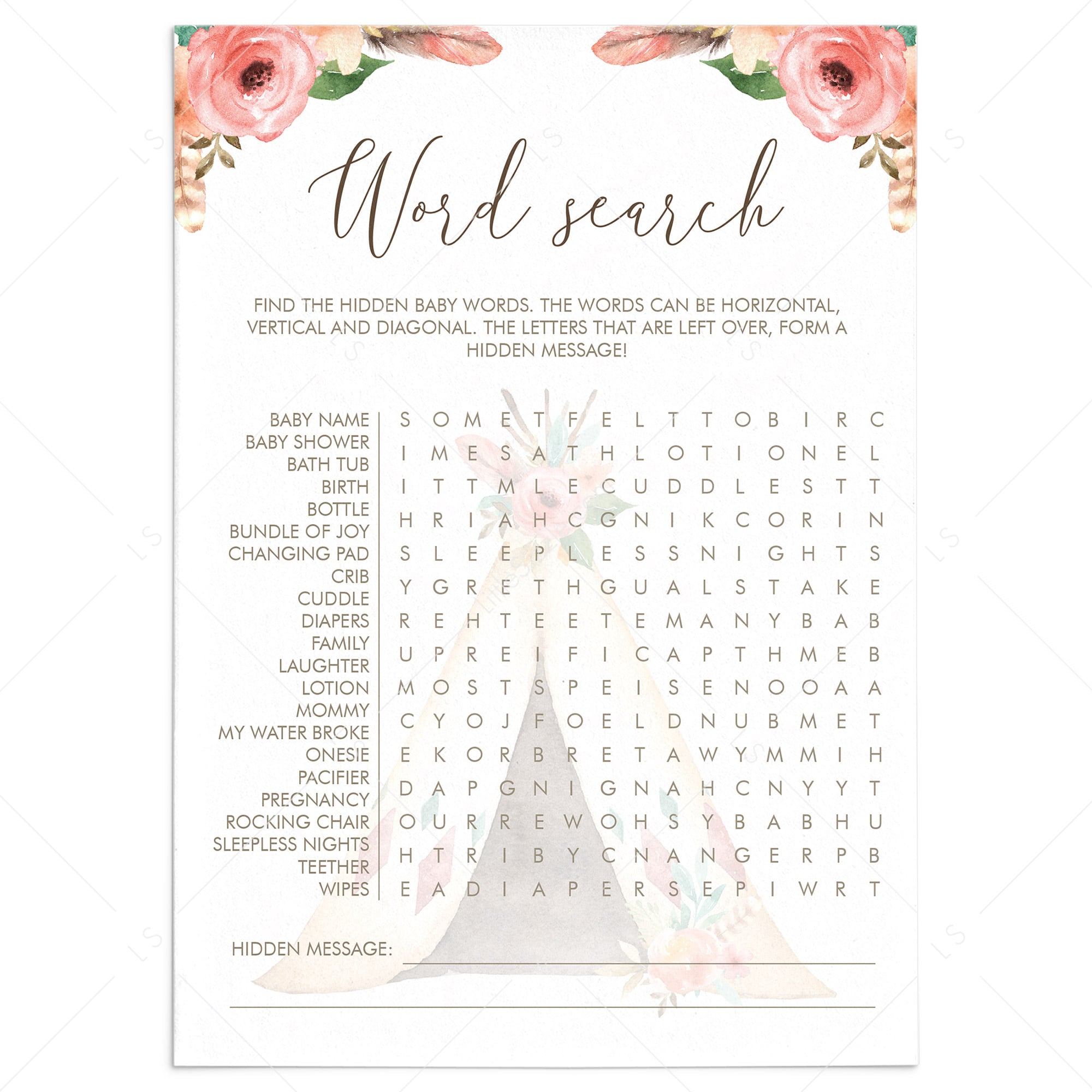Tribal Baby Shower Games Baby Word Search Printable by LittleSizzle