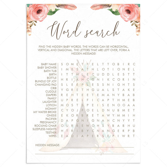 Tribal Baby Shower Games Baby Word Search Printable by LittleSizzle