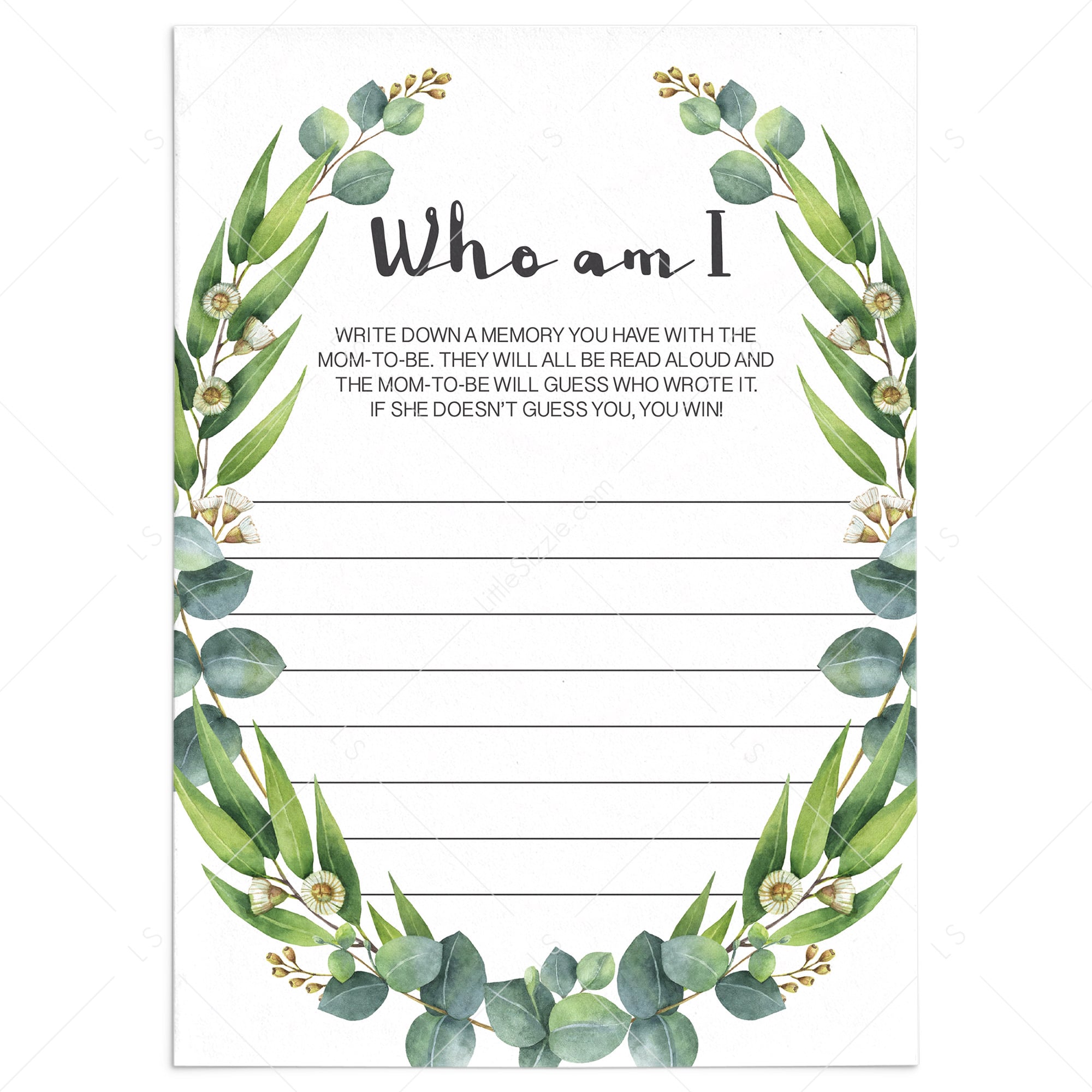 Who am I game for baby shower printable green leaves by LittleSizzle