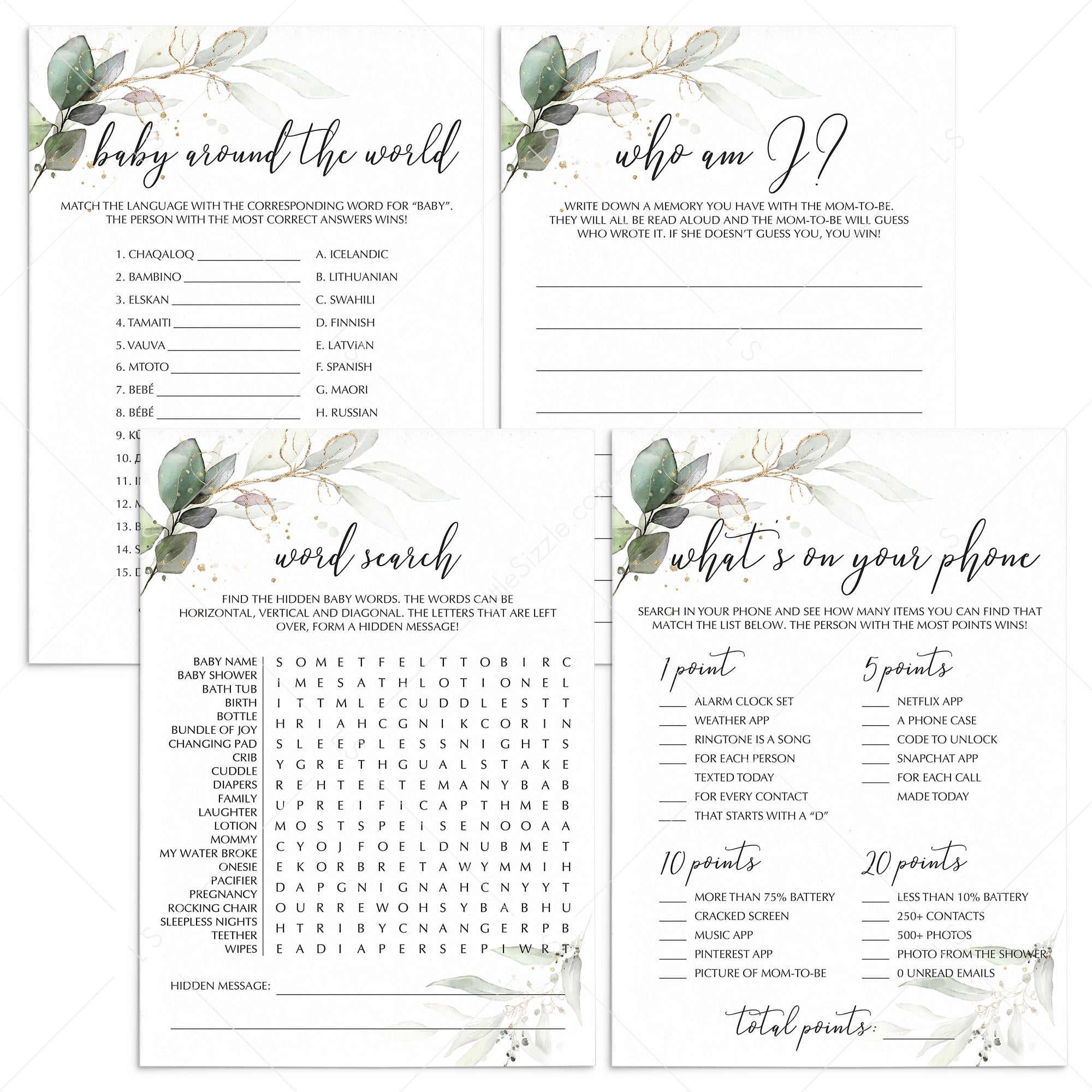 Green and Gold BabyShower Games Package Instant Download by LittleSizzle