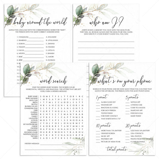 Green and Gold BabyShower Games Package Instant Download by LittleSizzle