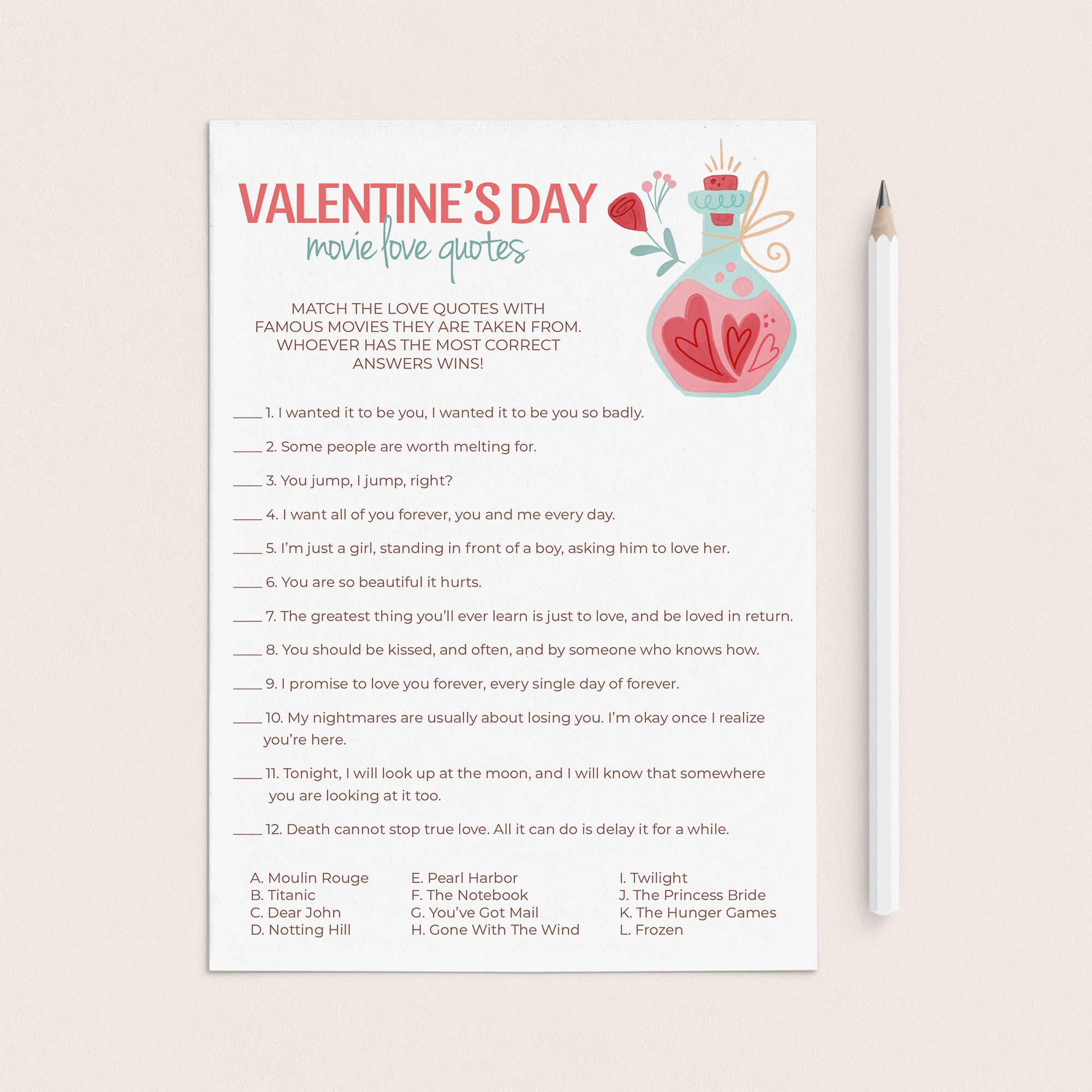 Match The Movie Love Quotes Valentine's Day Game by LittleSizzle