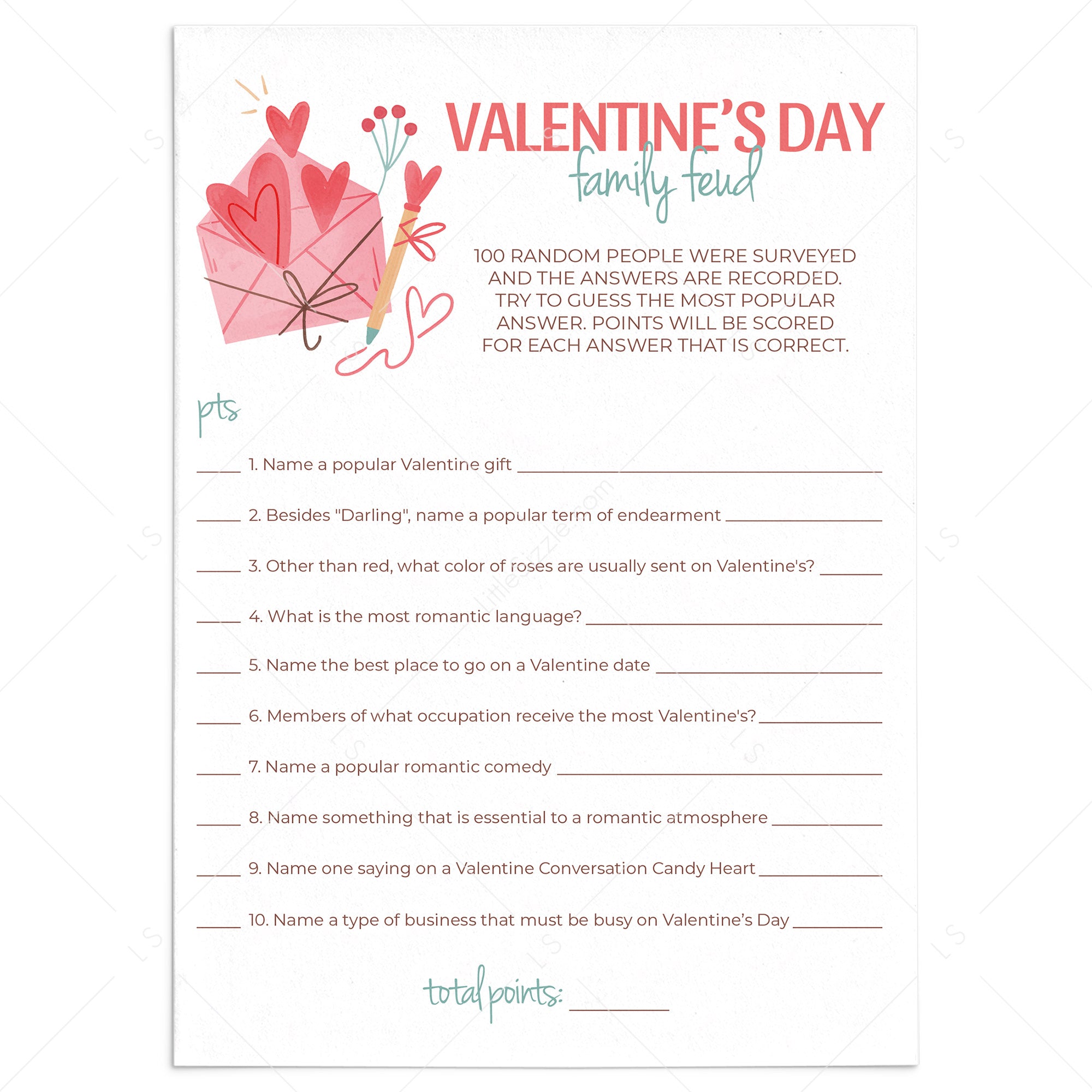 Valentine's Day Family Feud Questions and Answers Printable by LittleSizzle