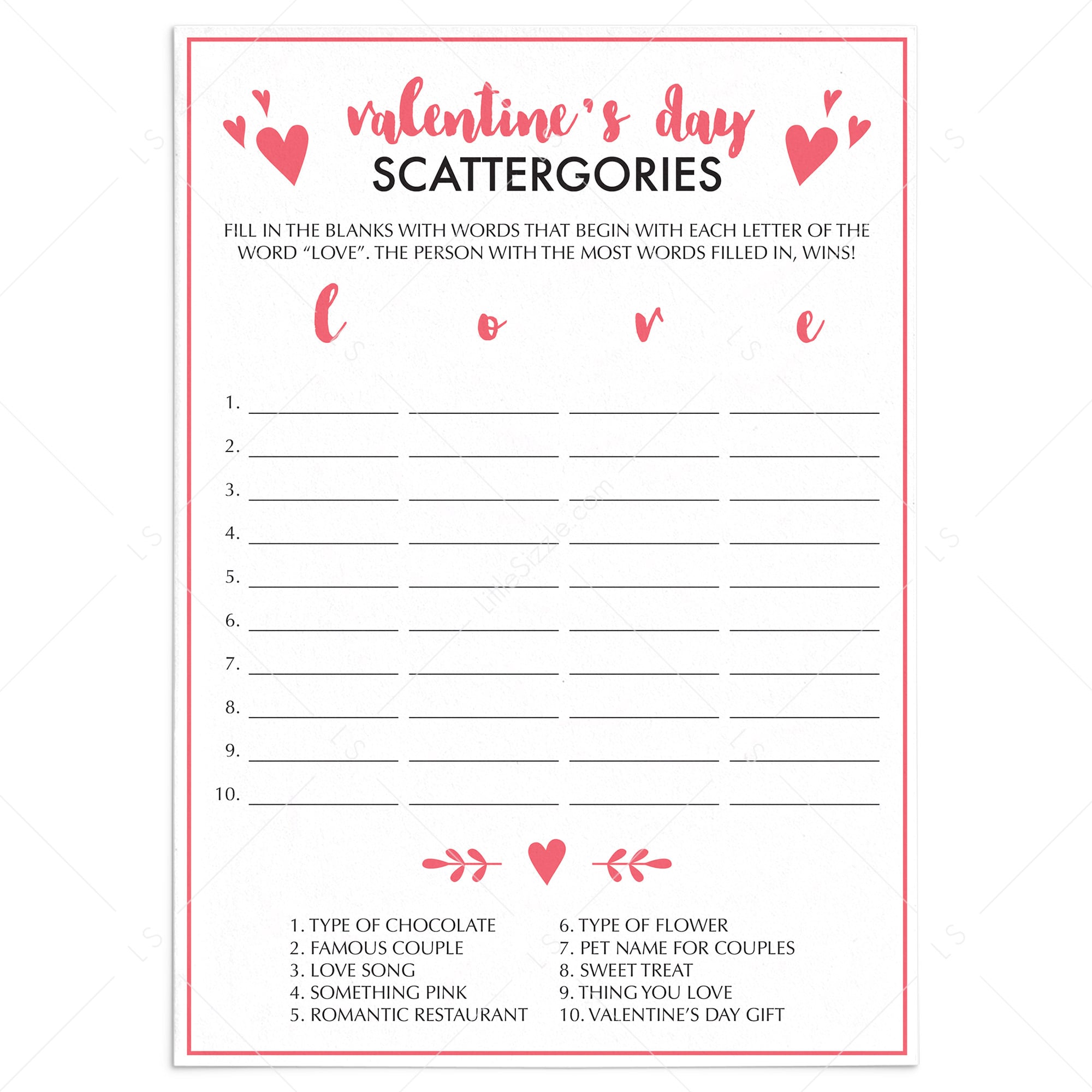 Printable and Virtual Valentine's Day Party Game Scattergories by LittleSizzle