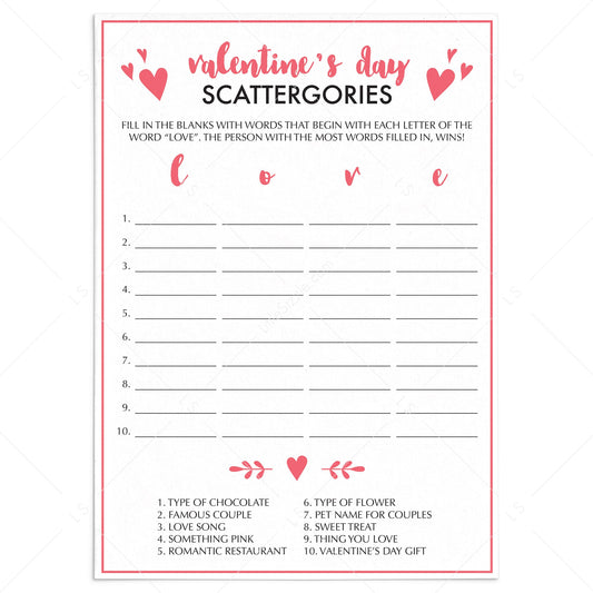 Printable and Virtual Valentine's Day Party Game Scattergories by LittleSizzle